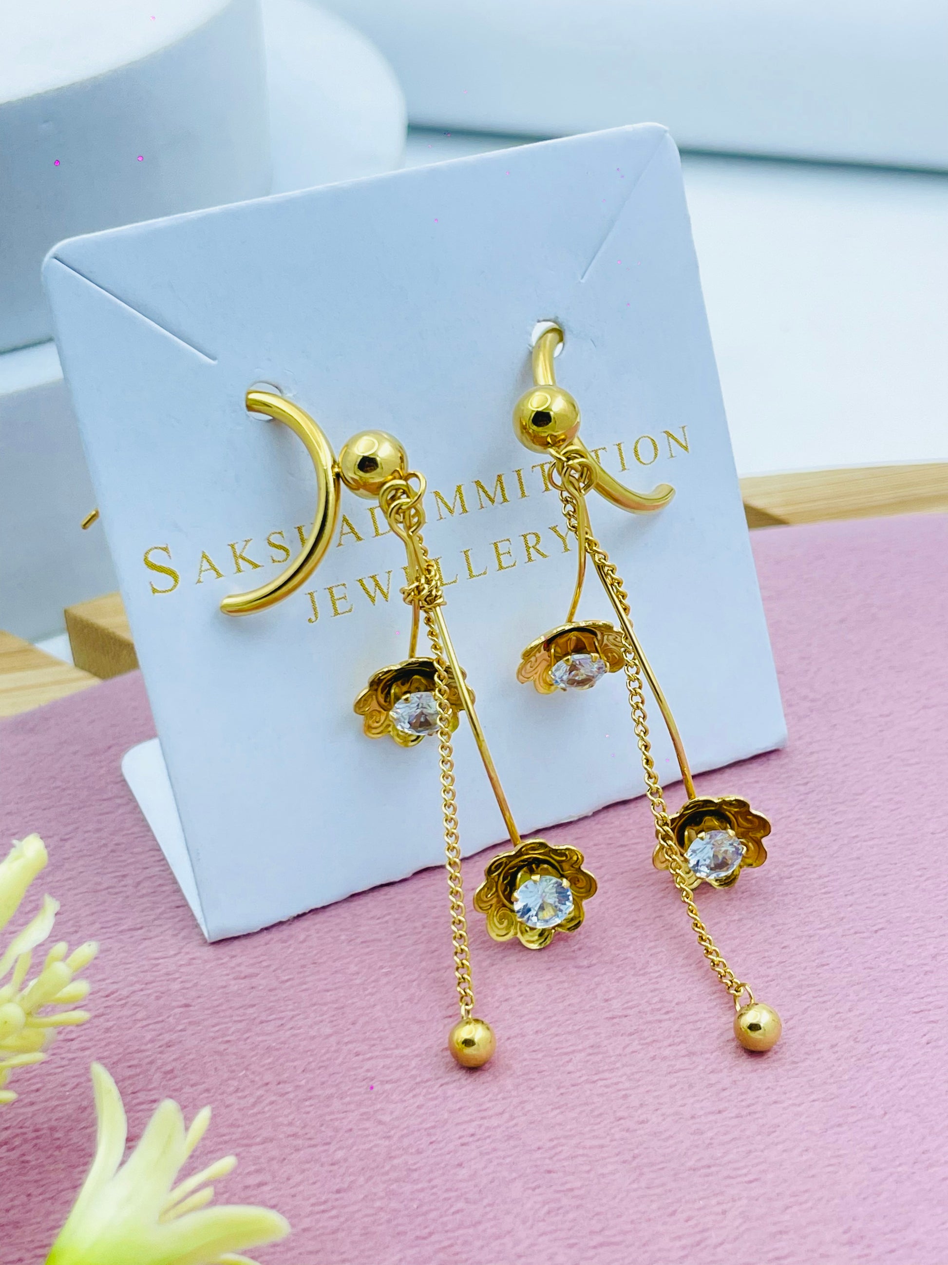 Elegant Gold Floral Dangle Earrings with Crystal Accents