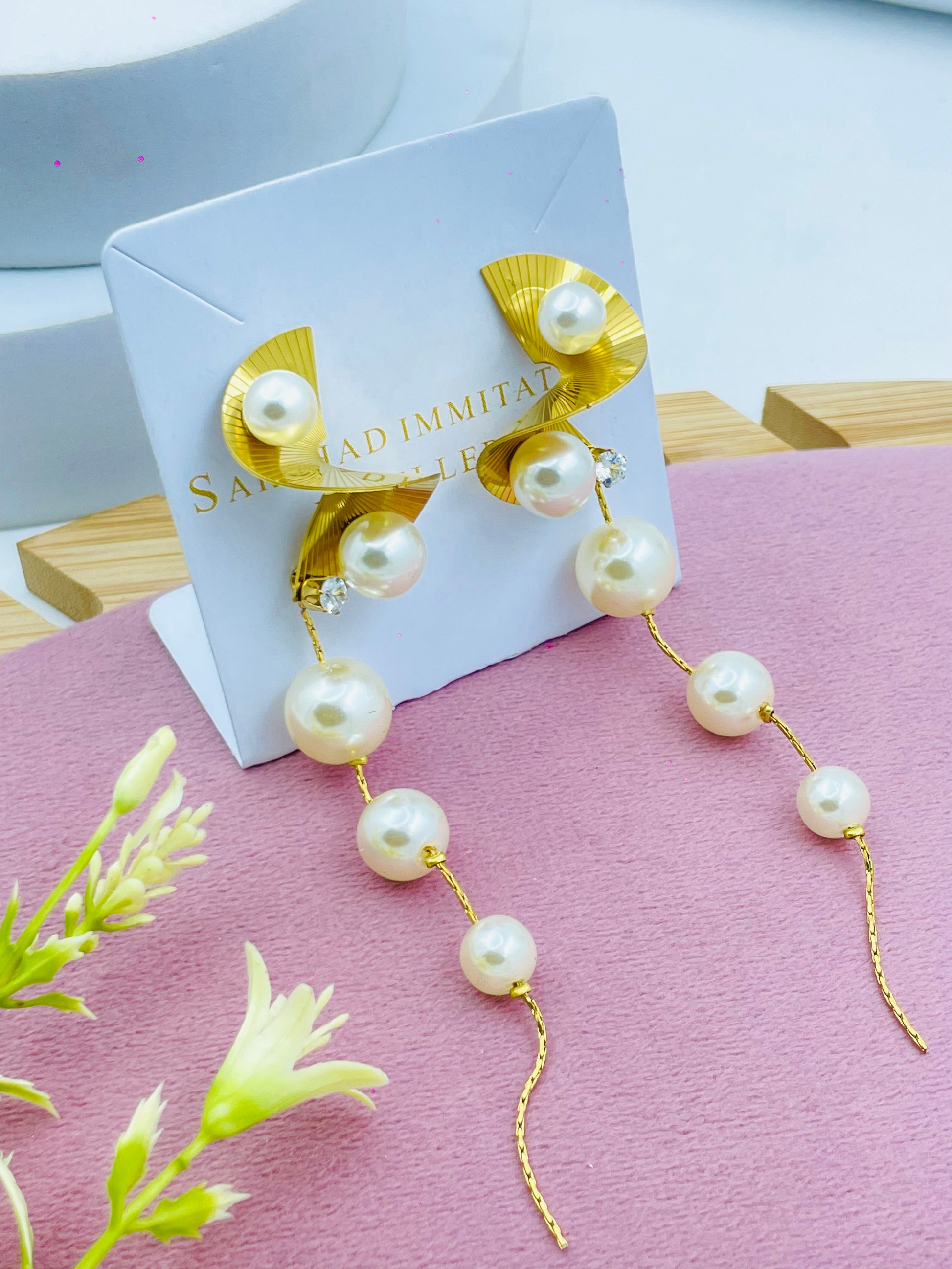 Elegant Pearl Gold Dangle Earrings