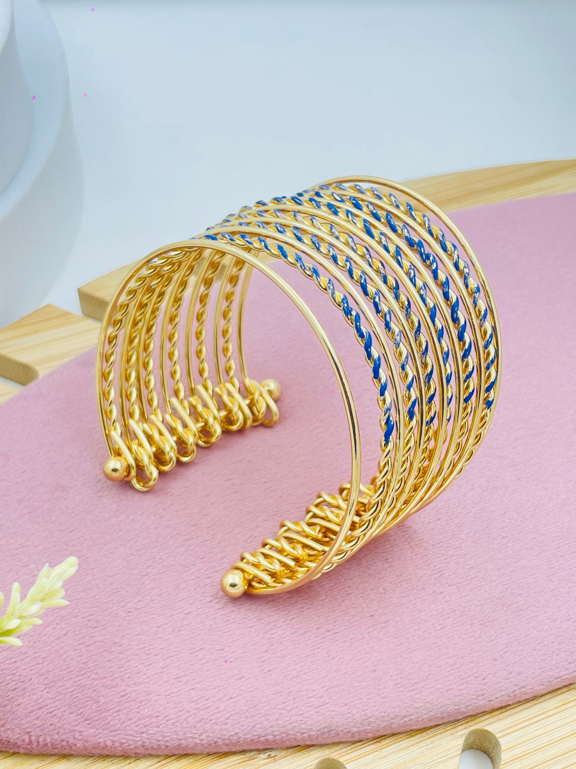 Elegant Gold and Blue Twisted Wire Bangle