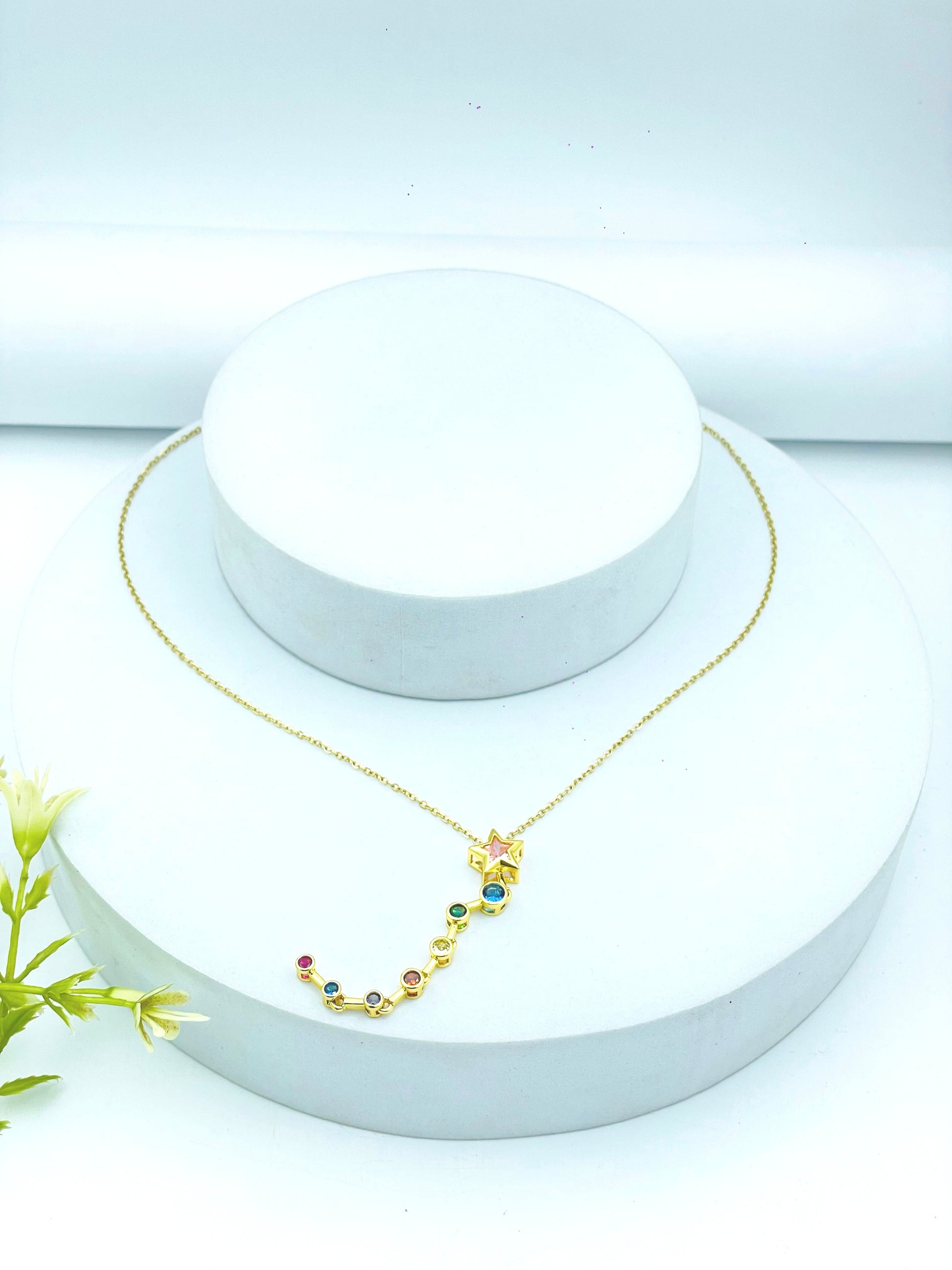 Elegant Gold Zodiac Necklace with Colorful Gemstones