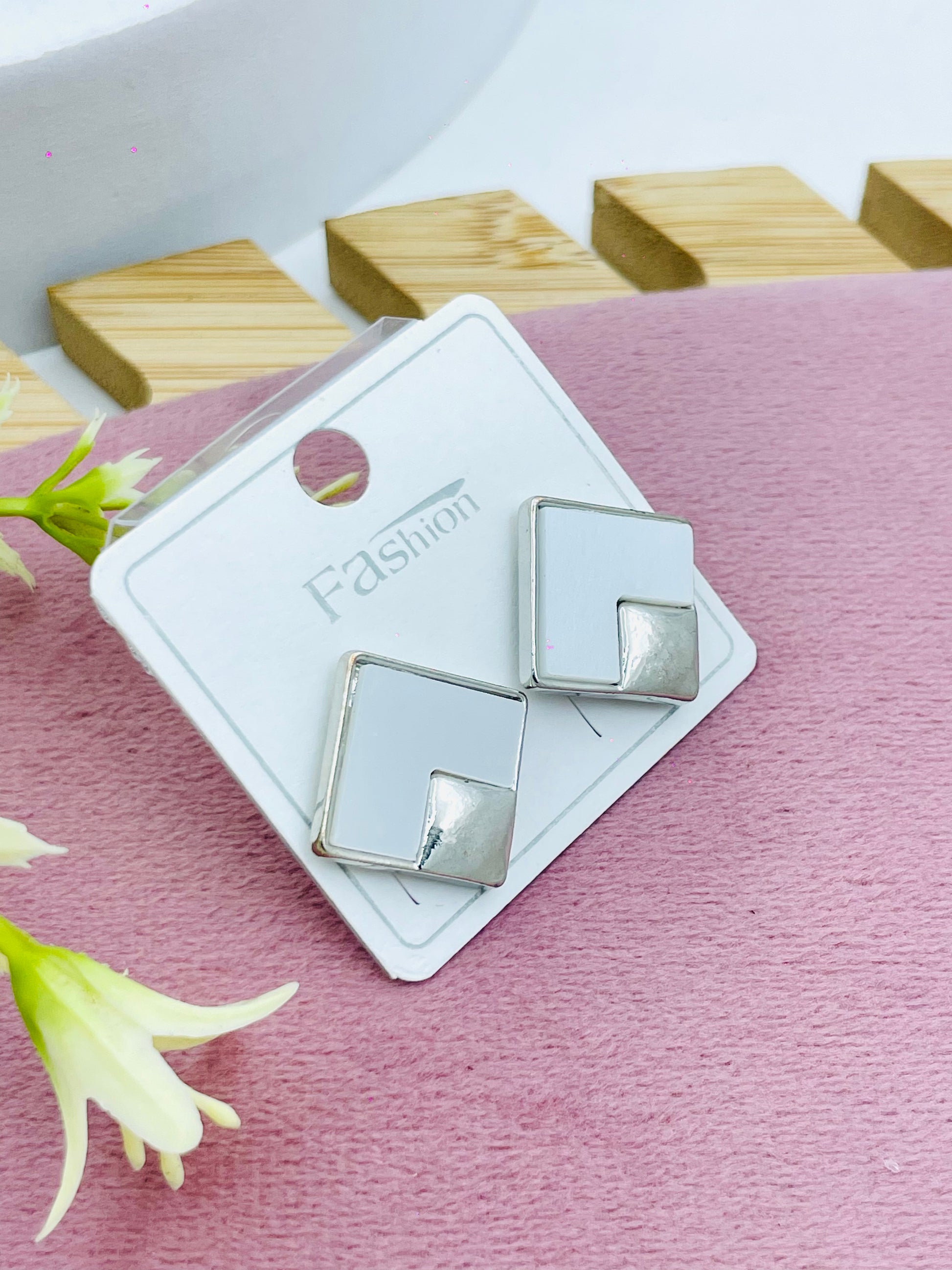 Elegant Silver and White Square Earrings  Fashion Jewelry