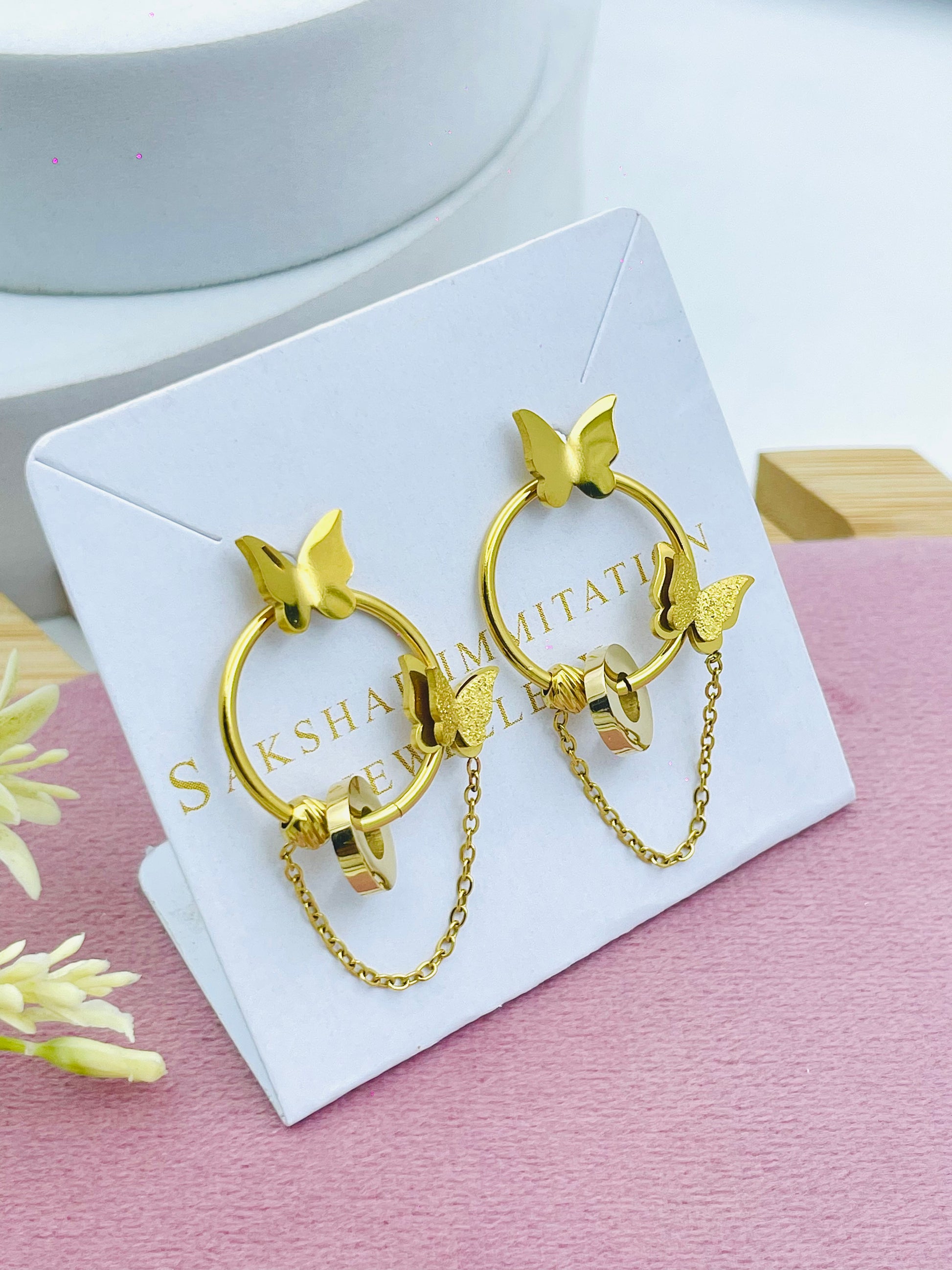 Butterfly Design Hoop Earrings with Chain  Elegant Fashion Jewelry