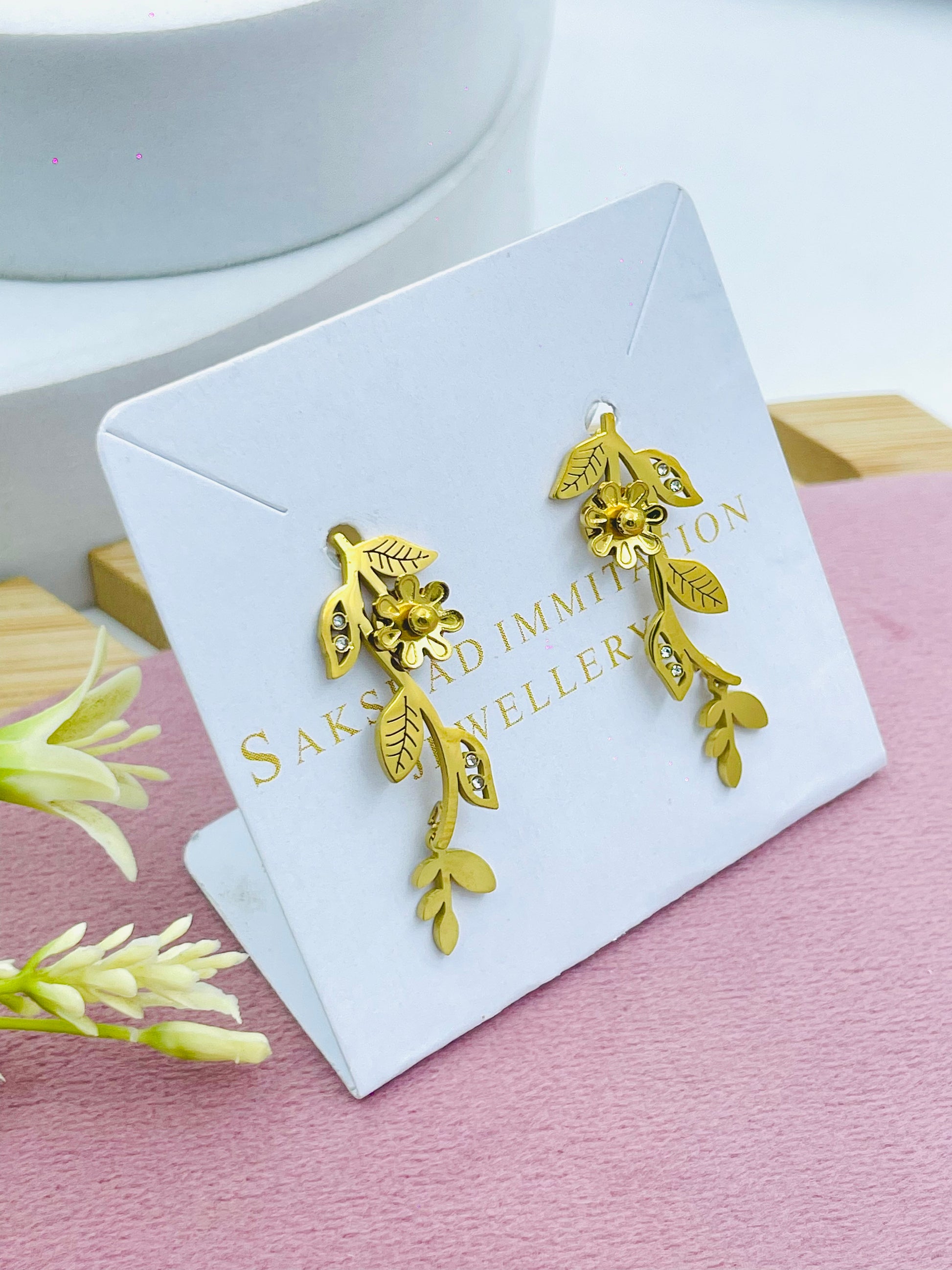 Elegant Floral Gold Tone Earrings  Saksad Imitation Jewellery