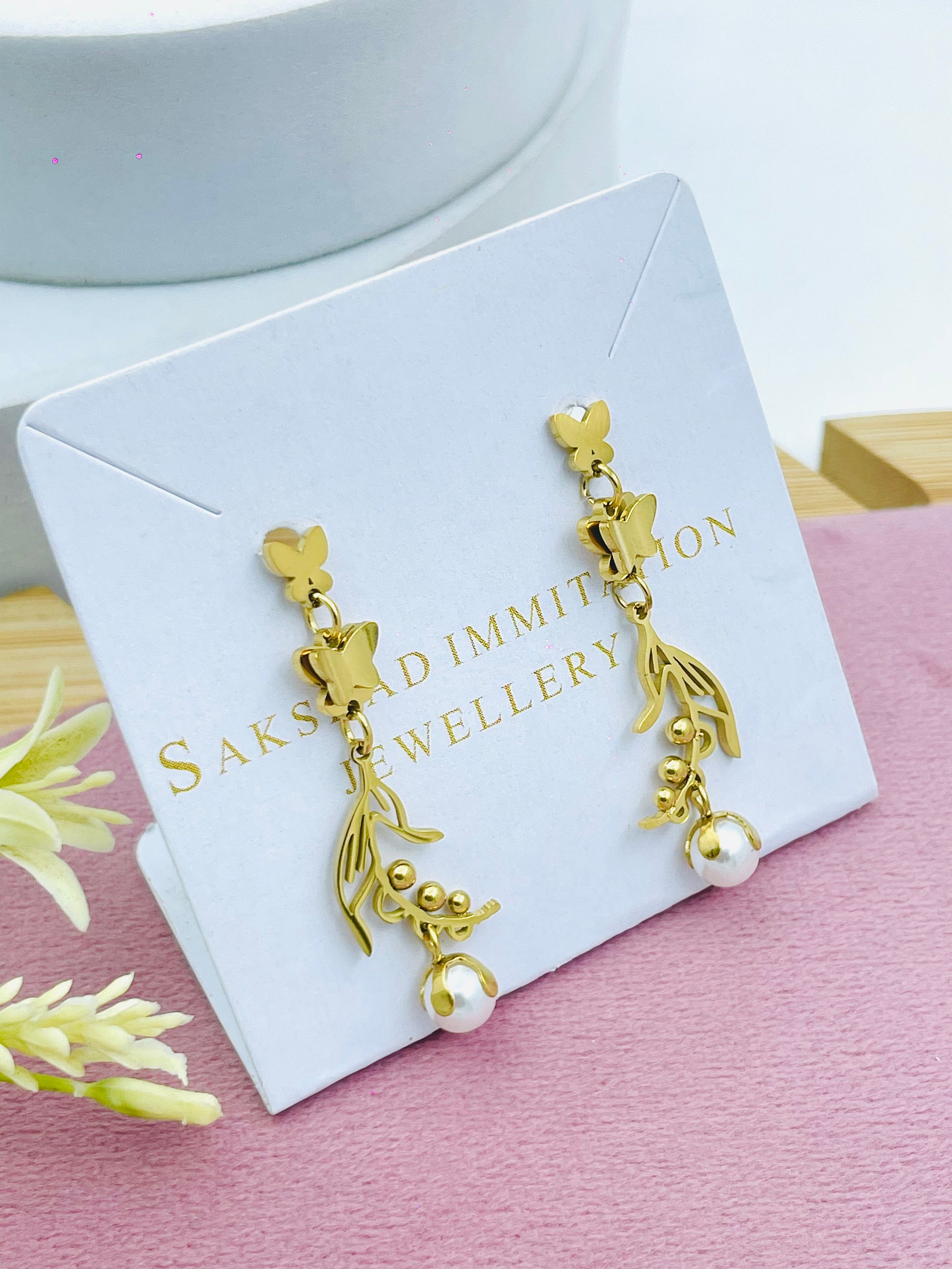 Gold Floral Pearl Earrings  Saksad Imitation Jewellery