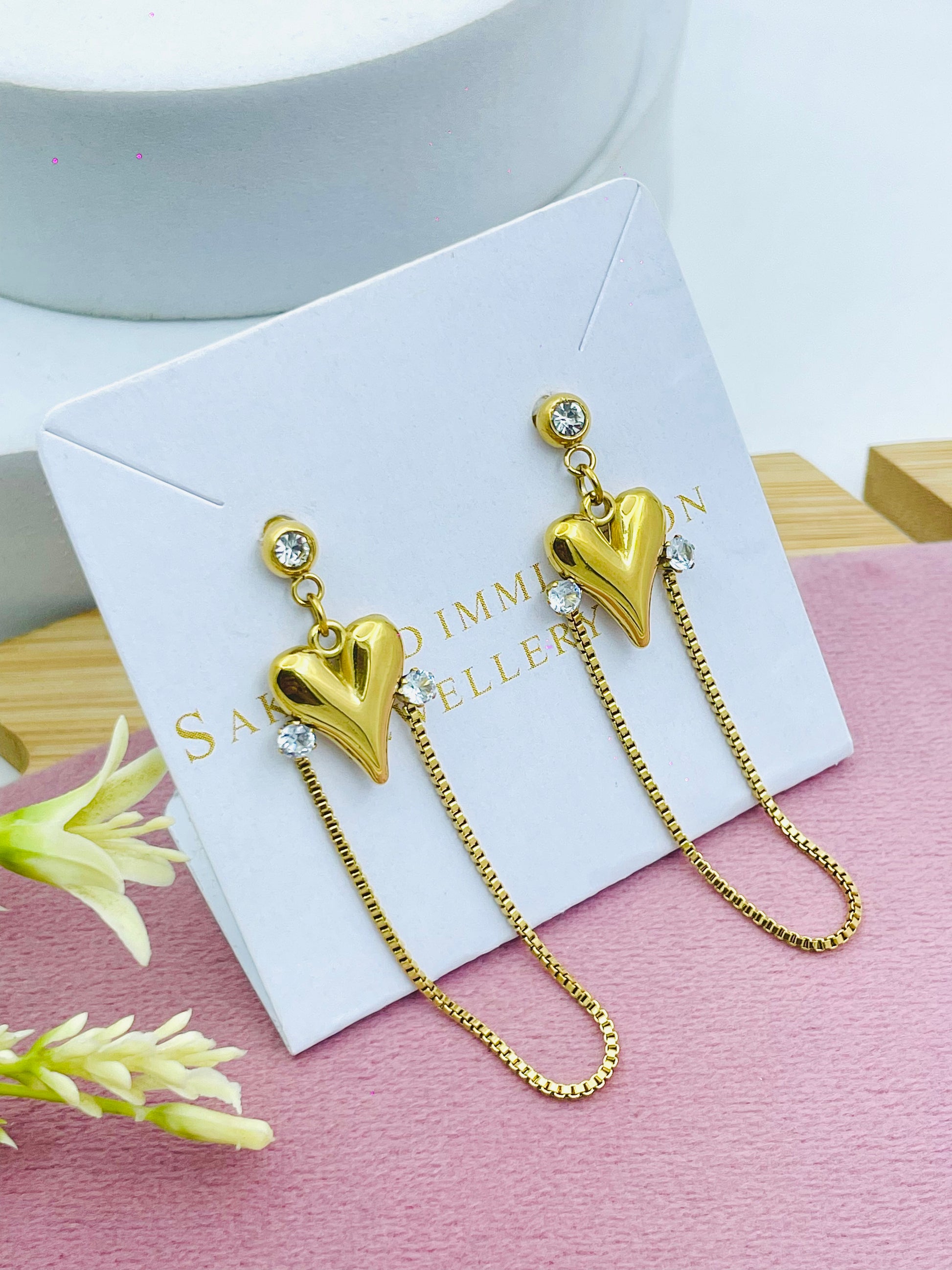 Elegant Gold Heart Drop Earrings with Chain