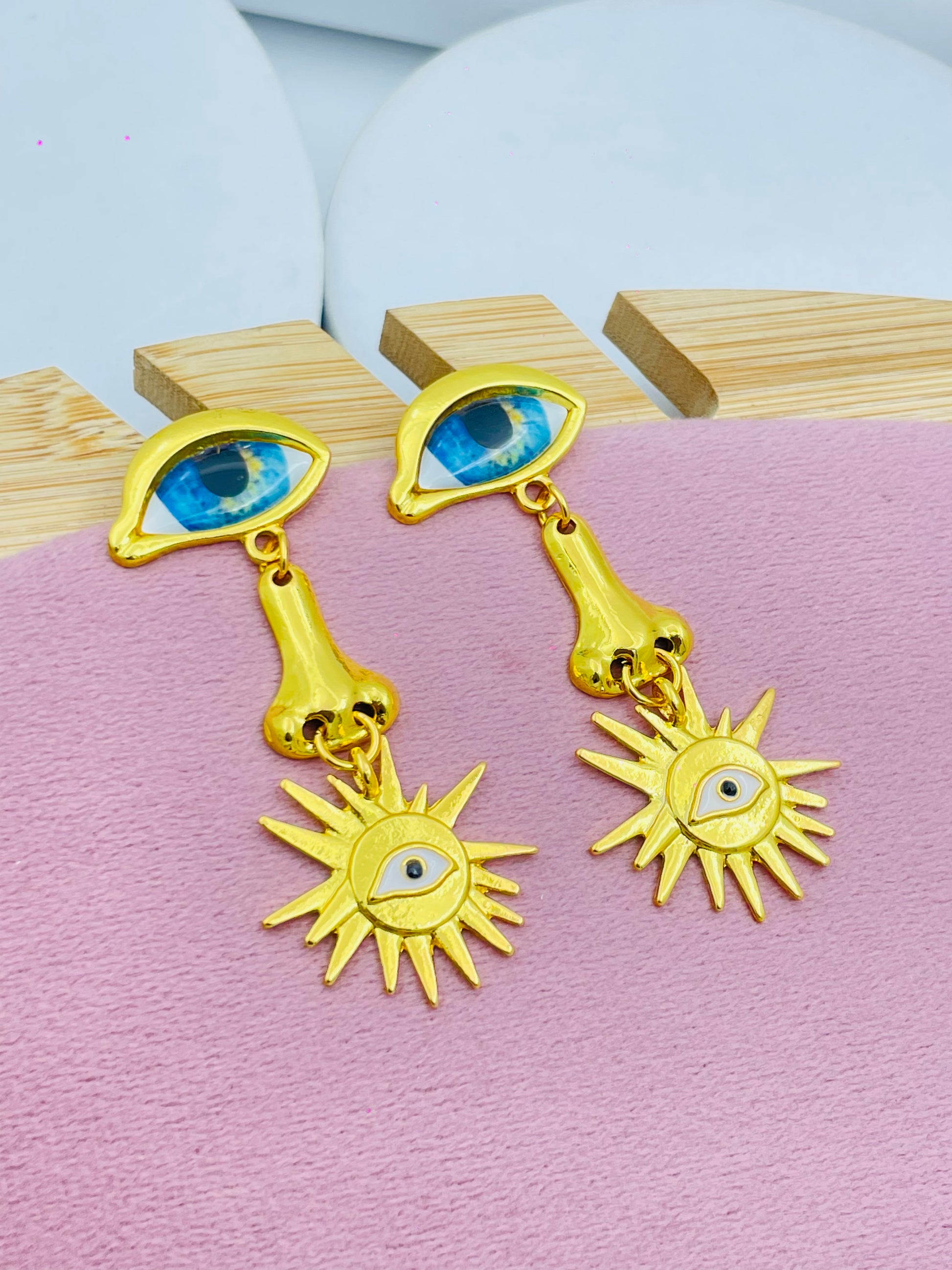 Unique Gold Eye and Sun Drop Earrings