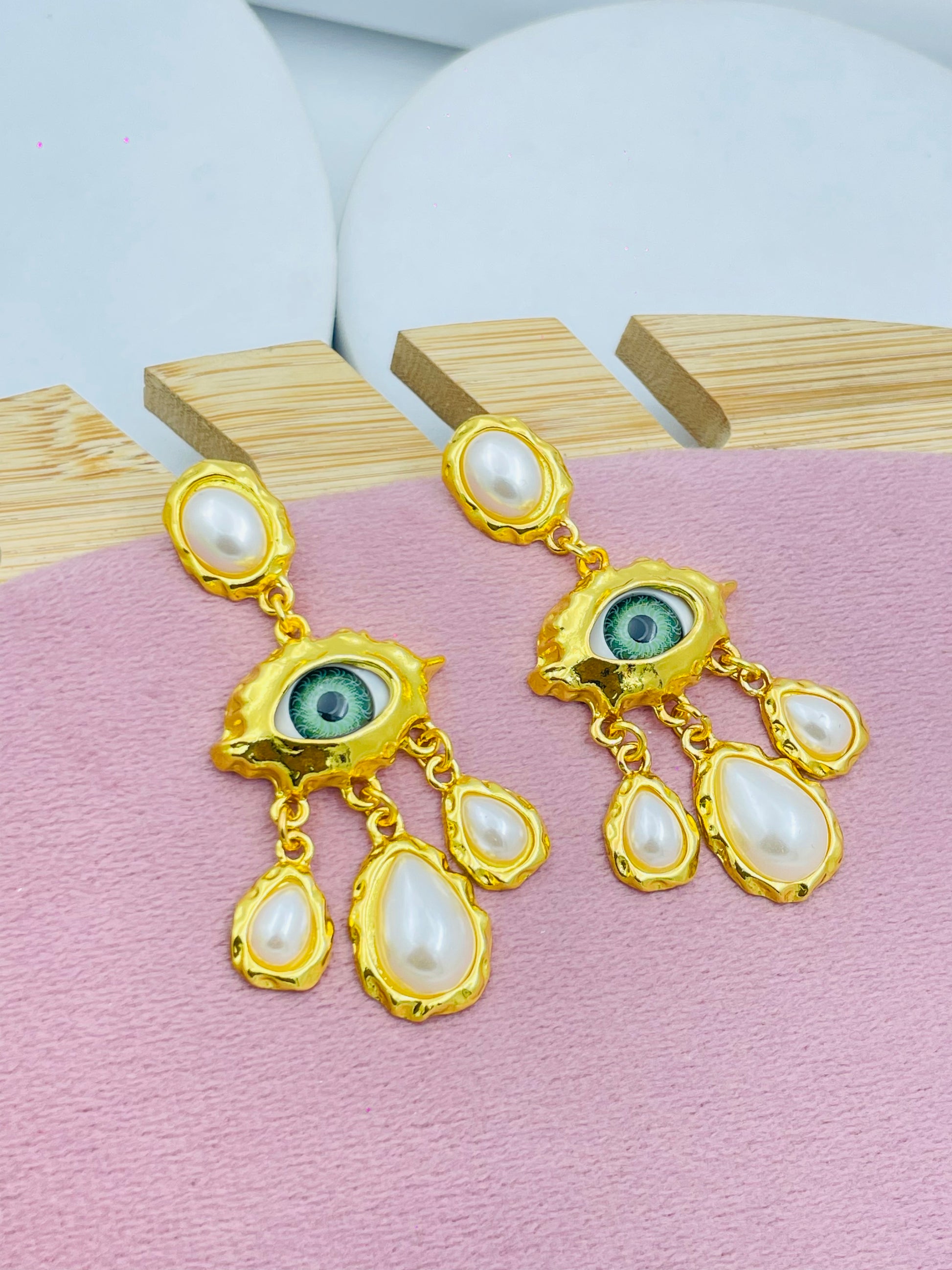 Elegant Gold Evil Eye Pearl Drop Earrings