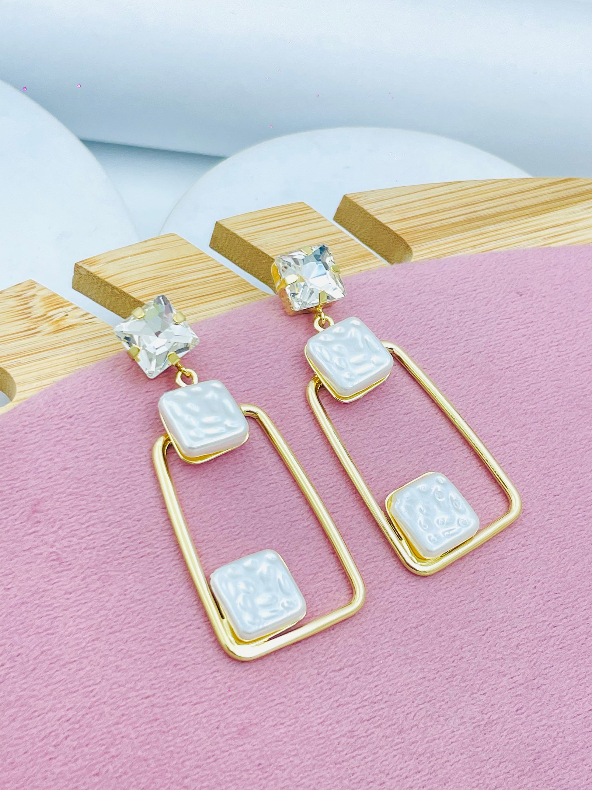 Elegant Geometric Pearl and Crystal Earrings