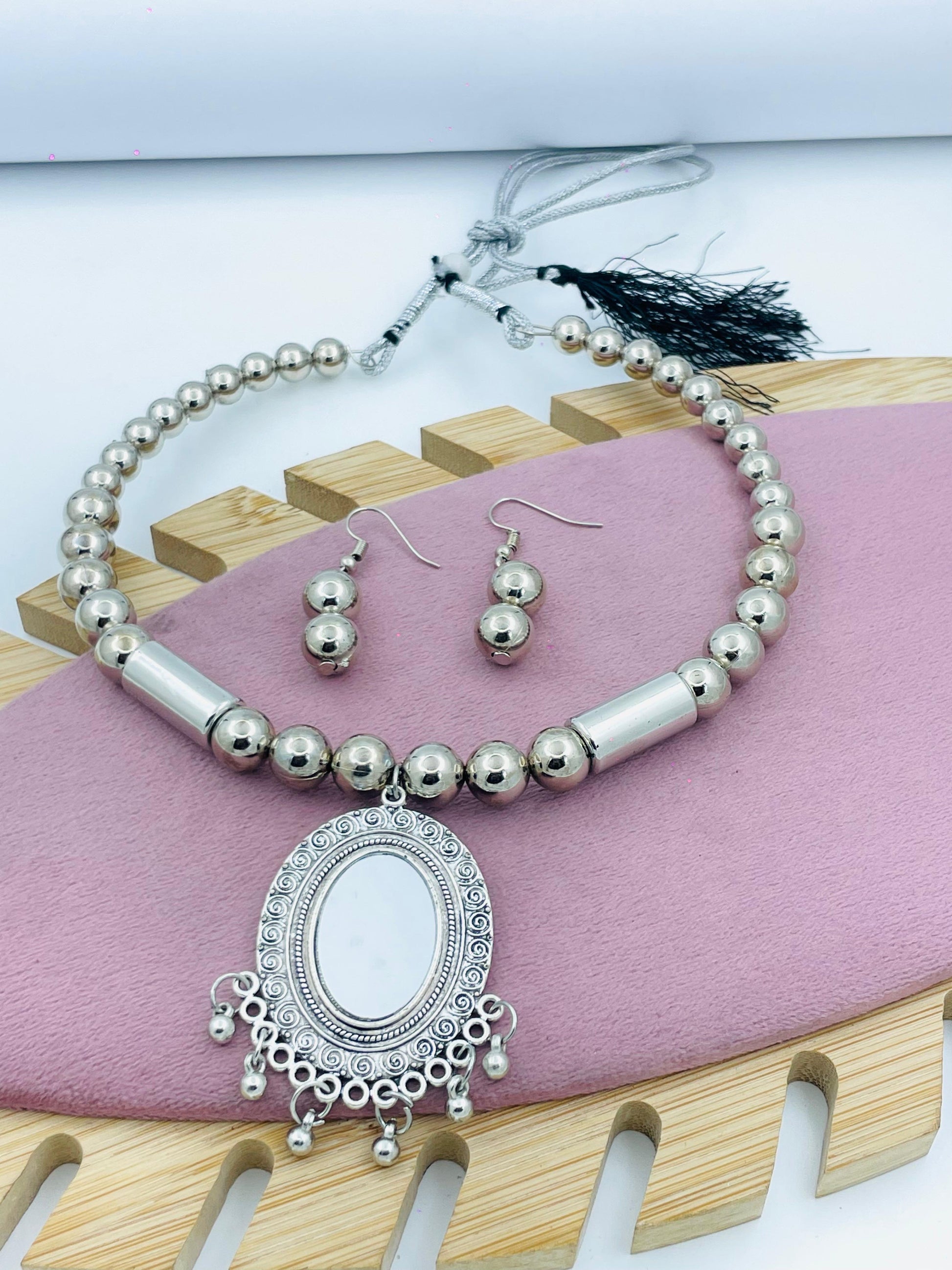 Oxidized Silver Beaded Necklace Set with Earrings