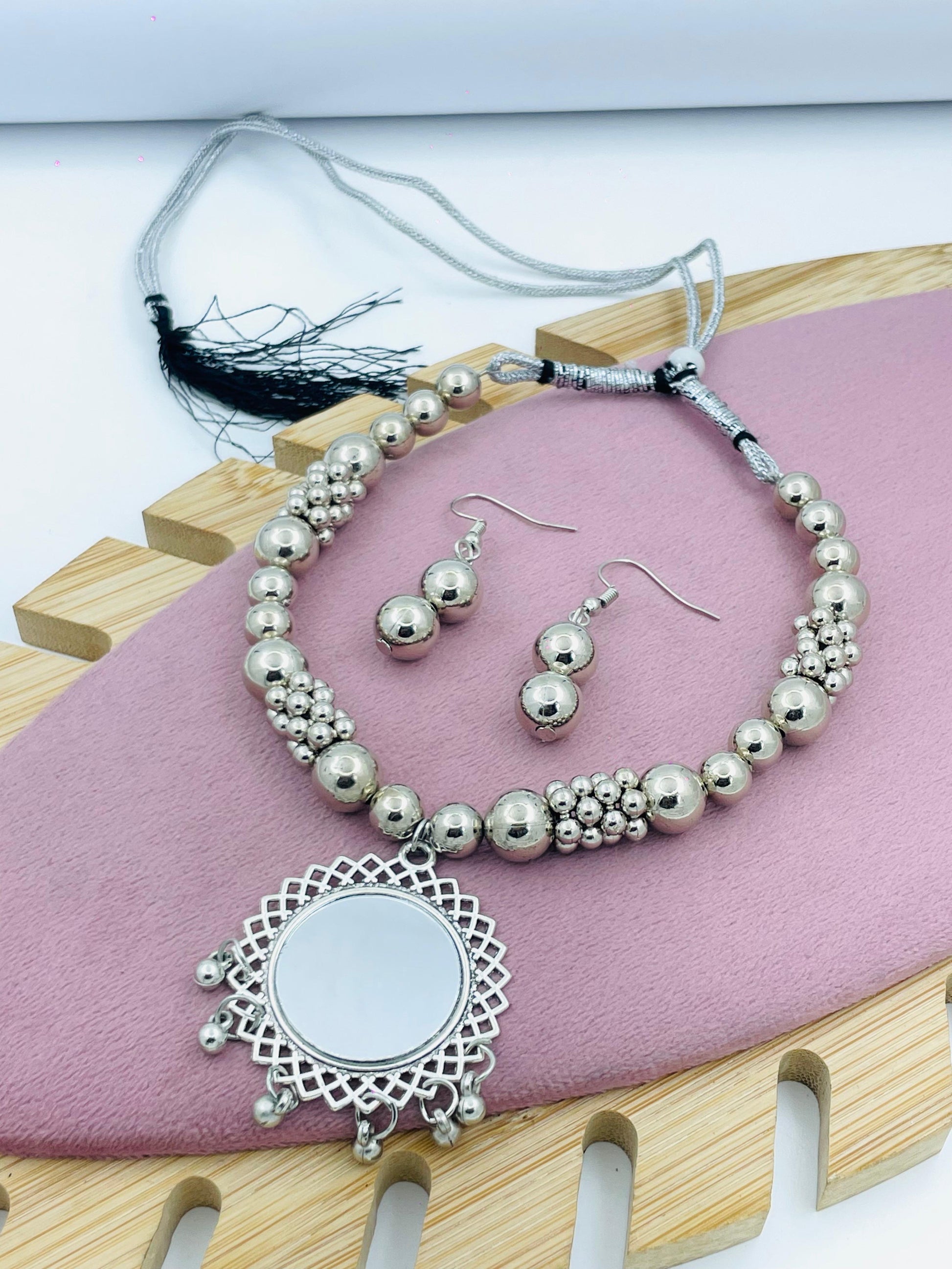 Elegant Silver Beaded Necklace and Earrings Set