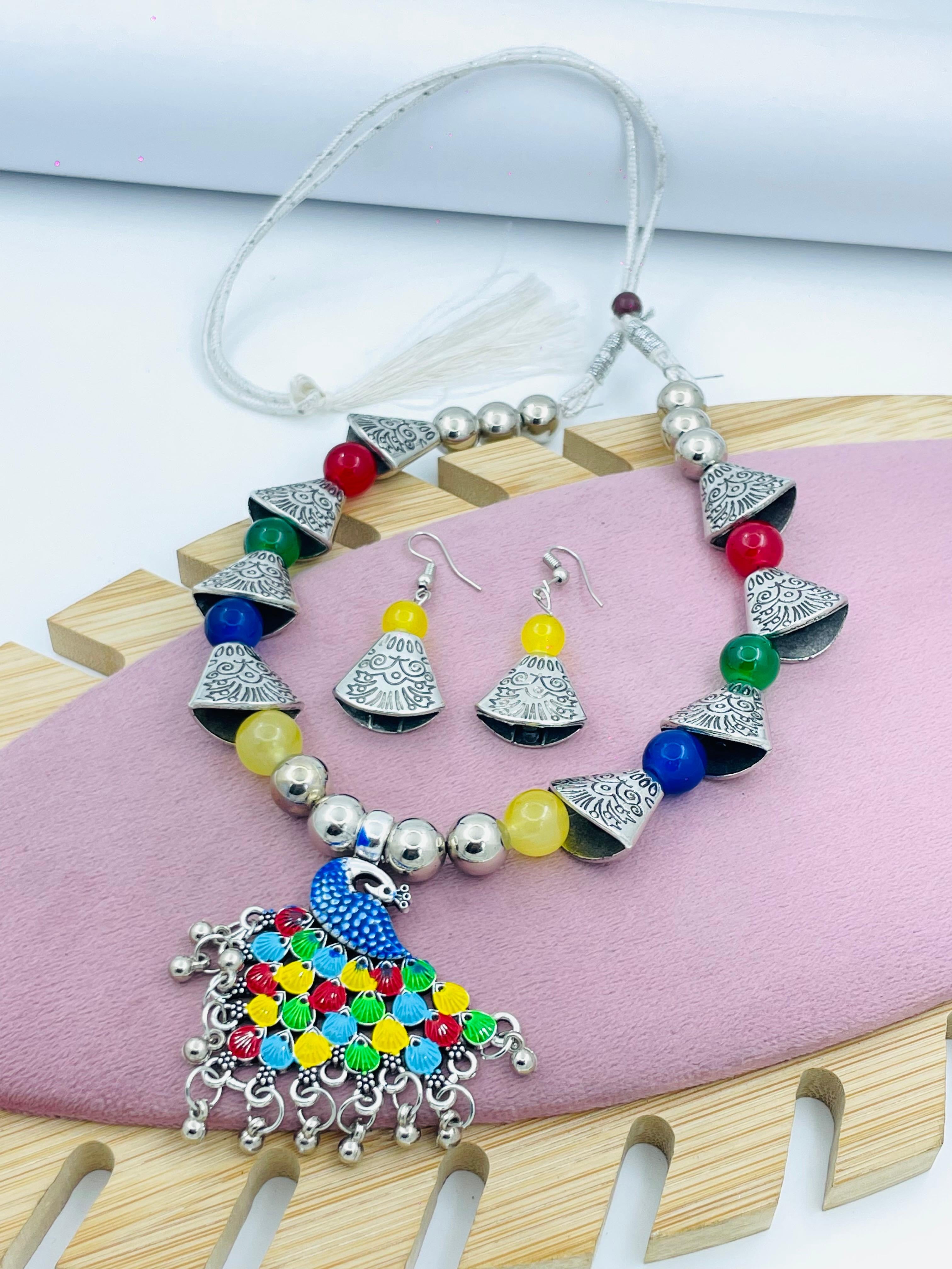 Bohemian Silver Peacock Necklace  Earring Set  Vibrant Colors
