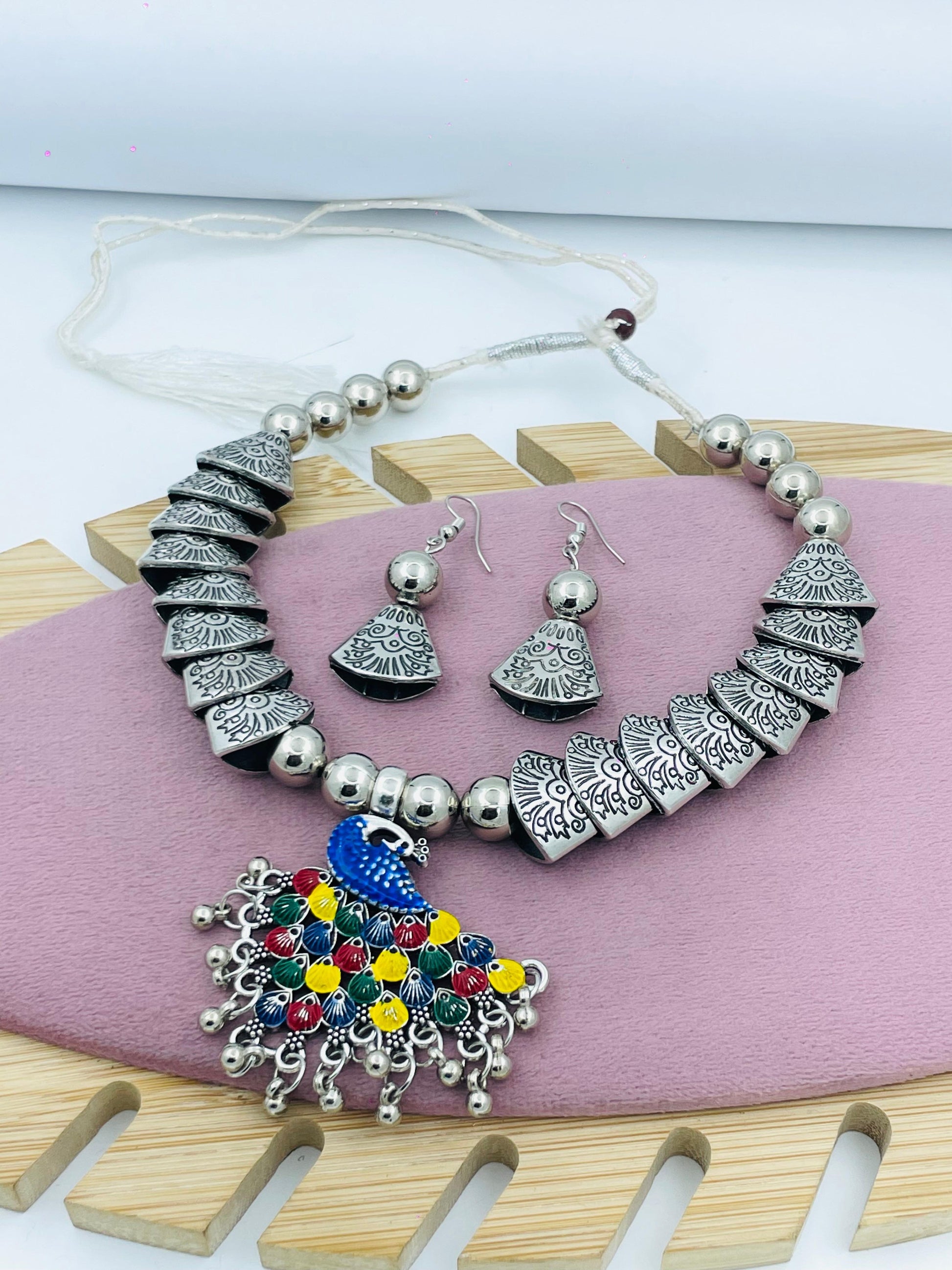 Silver Tribal Necklace  Earrings Set with Colorful Pendant