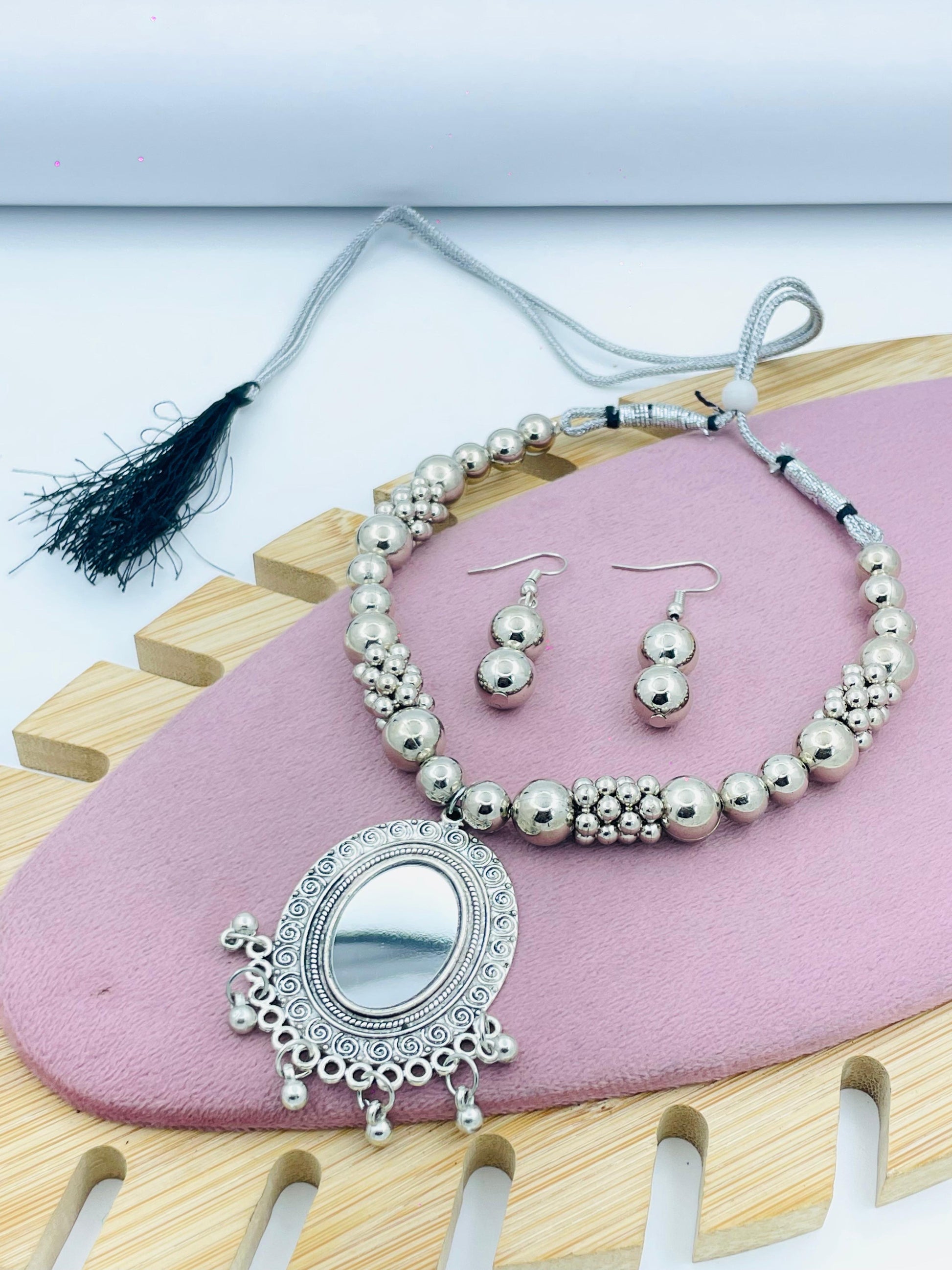 Elegant Silver Bead Necklace and Earrings Set