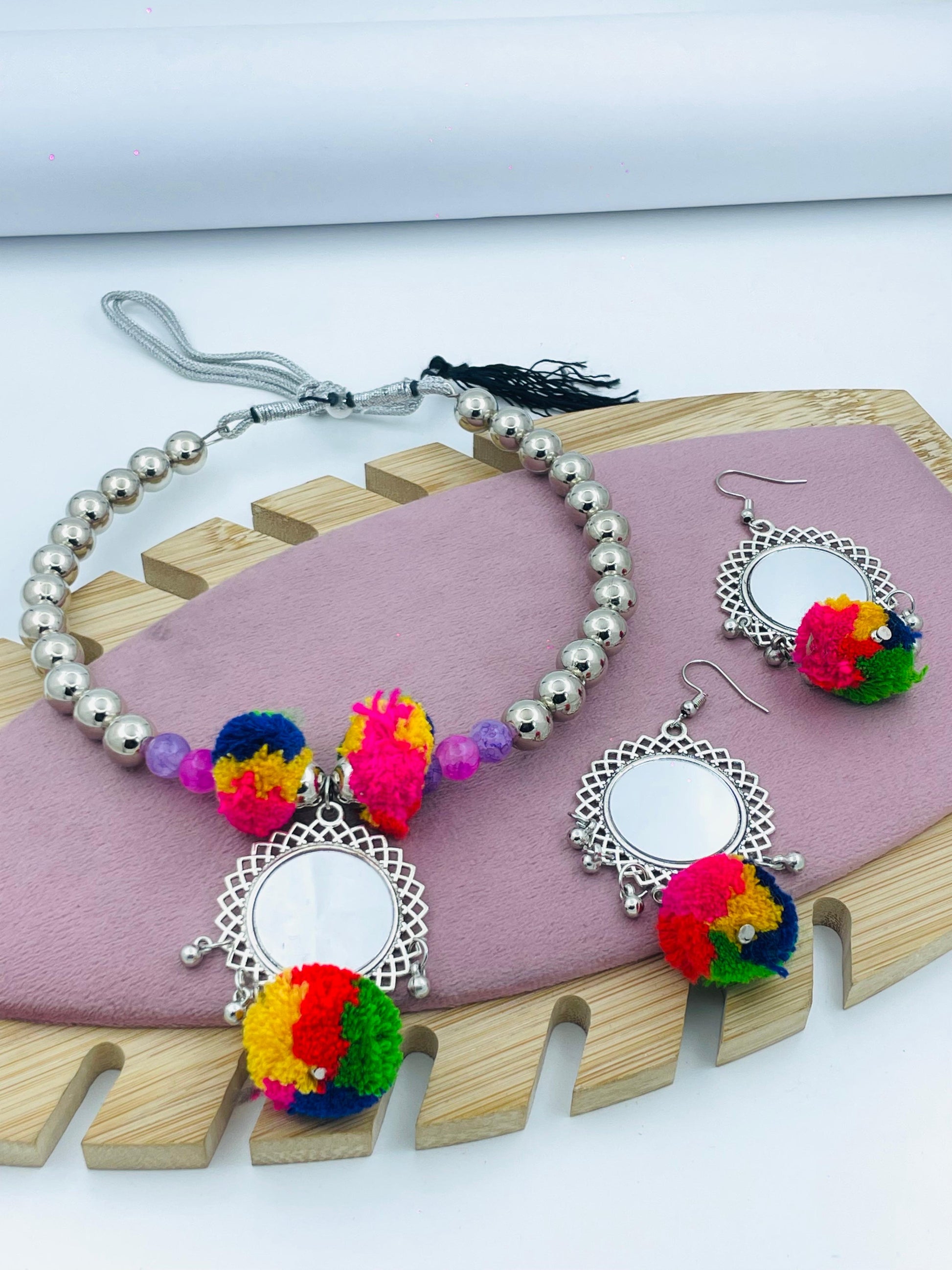Handcrafted Boho Mirror Jewelry Set with Pom Poms