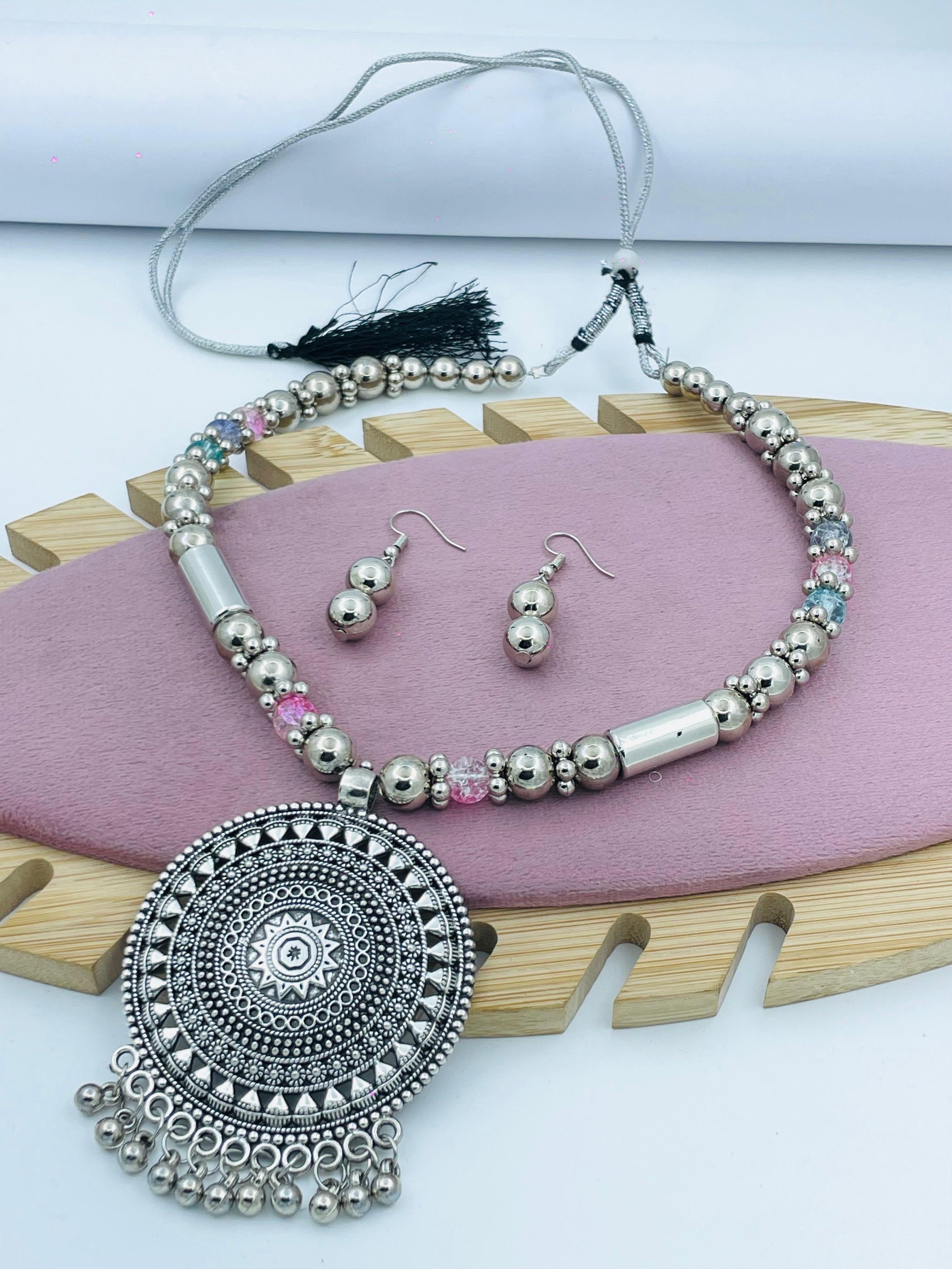 Bohemian Silver Statement Necklace and Earrings Set