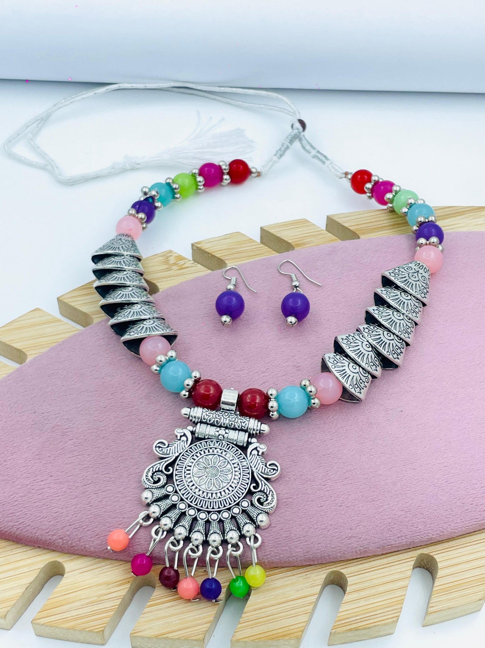 Vibrant Handmade Boho Necklace and Earrings Set