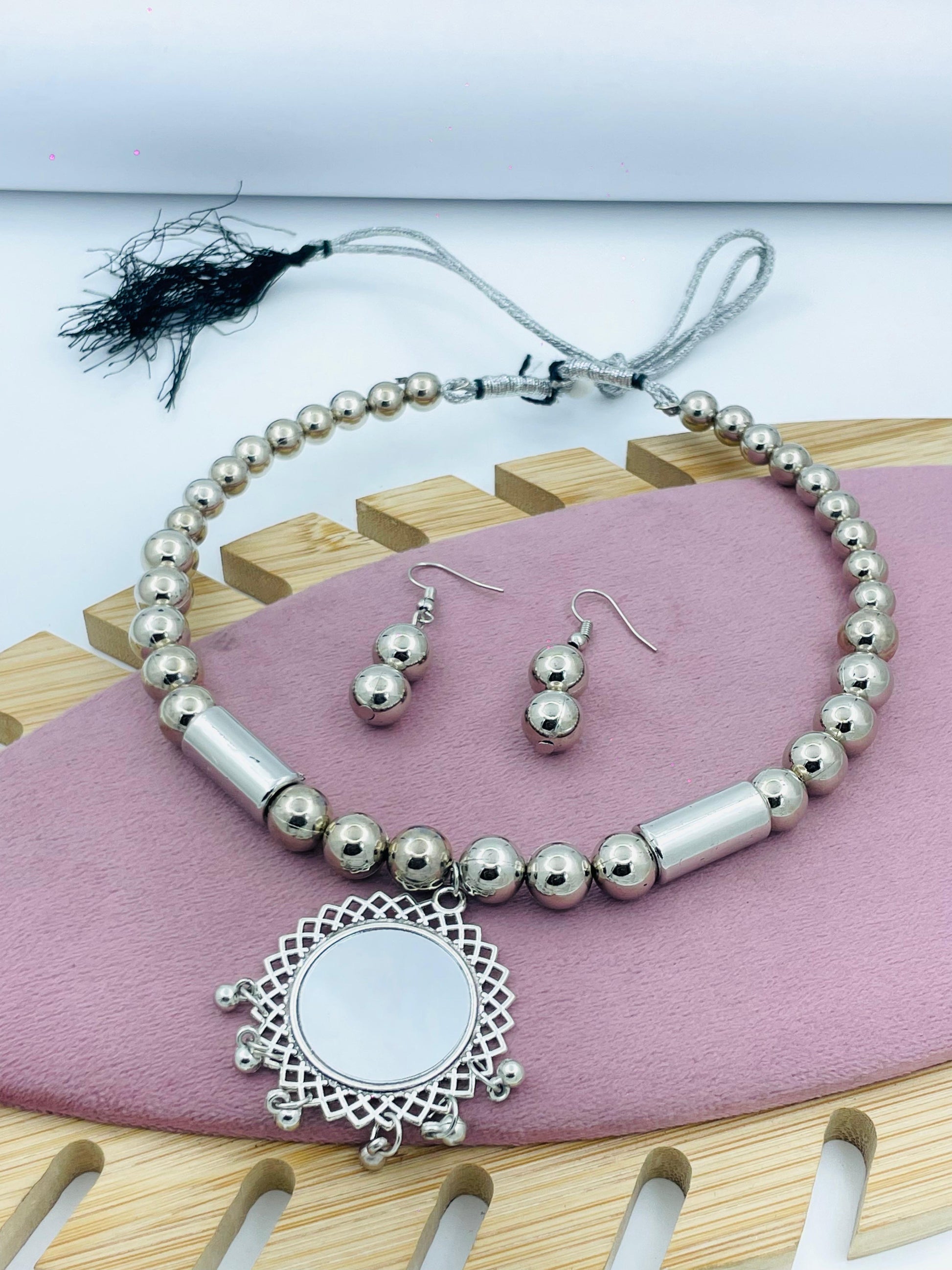 Elegant Silver Beaded Necklace and Earring Set