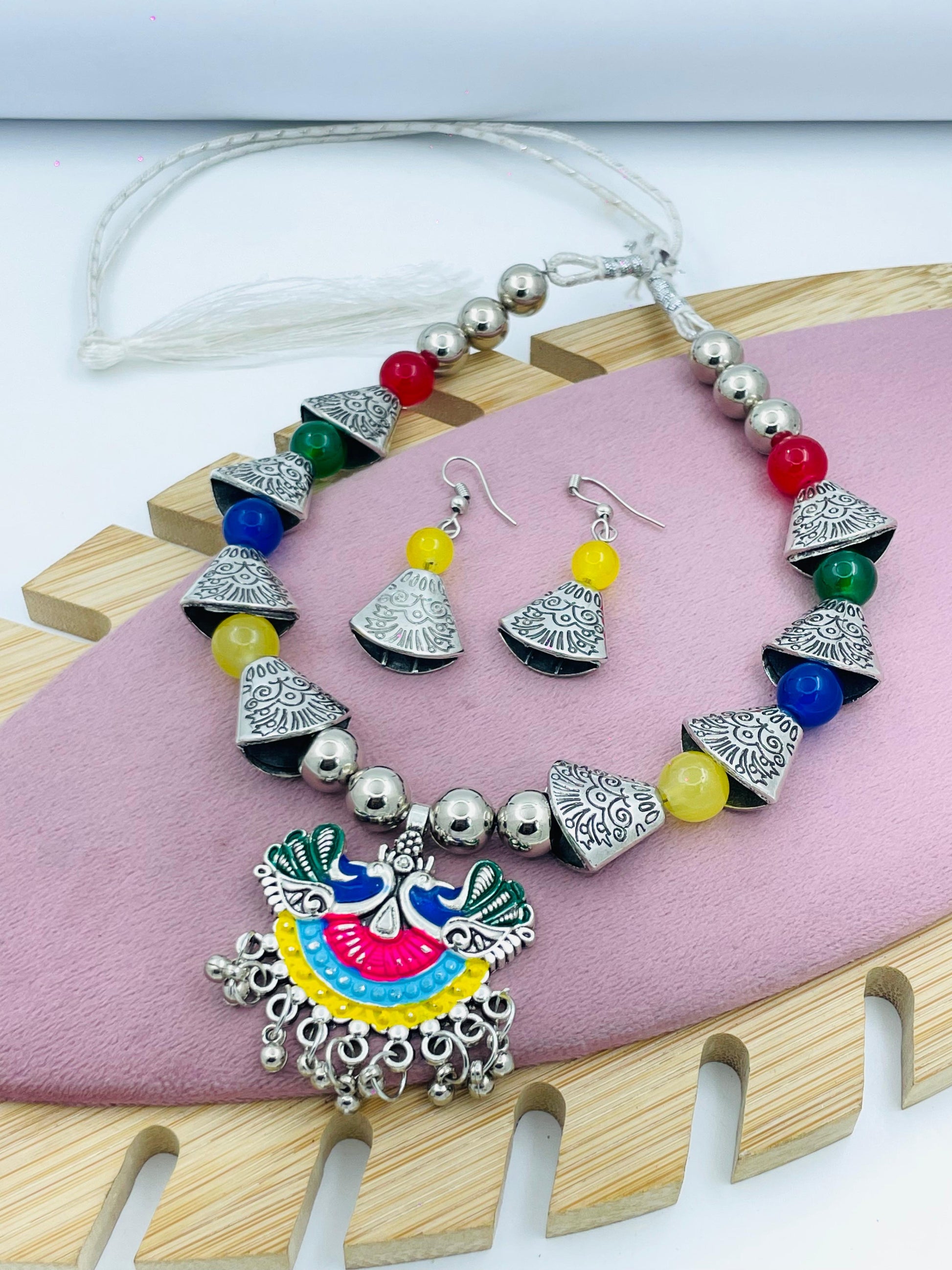Colorful Tribal Necklace and Earrings Set  Bohemian Silver Jewelry