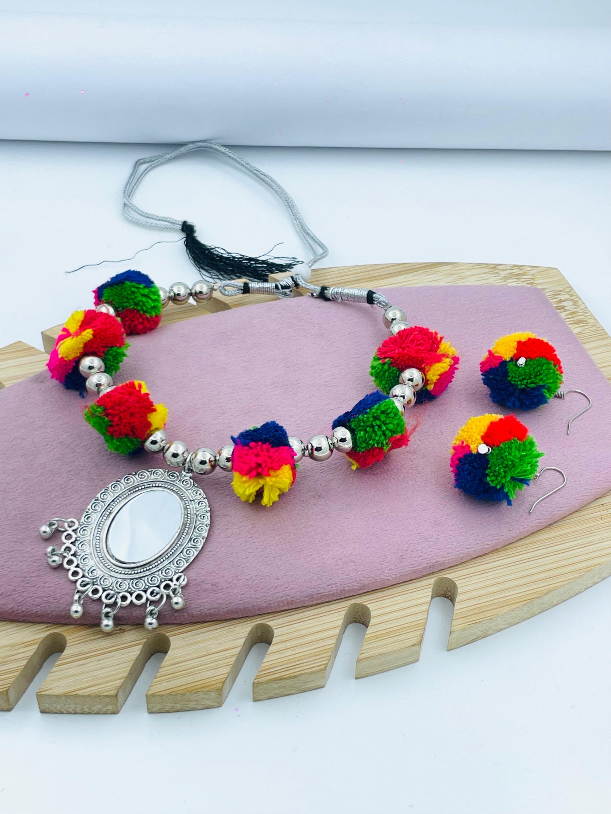 Vibrant PomPom Necklace with Silver Charm