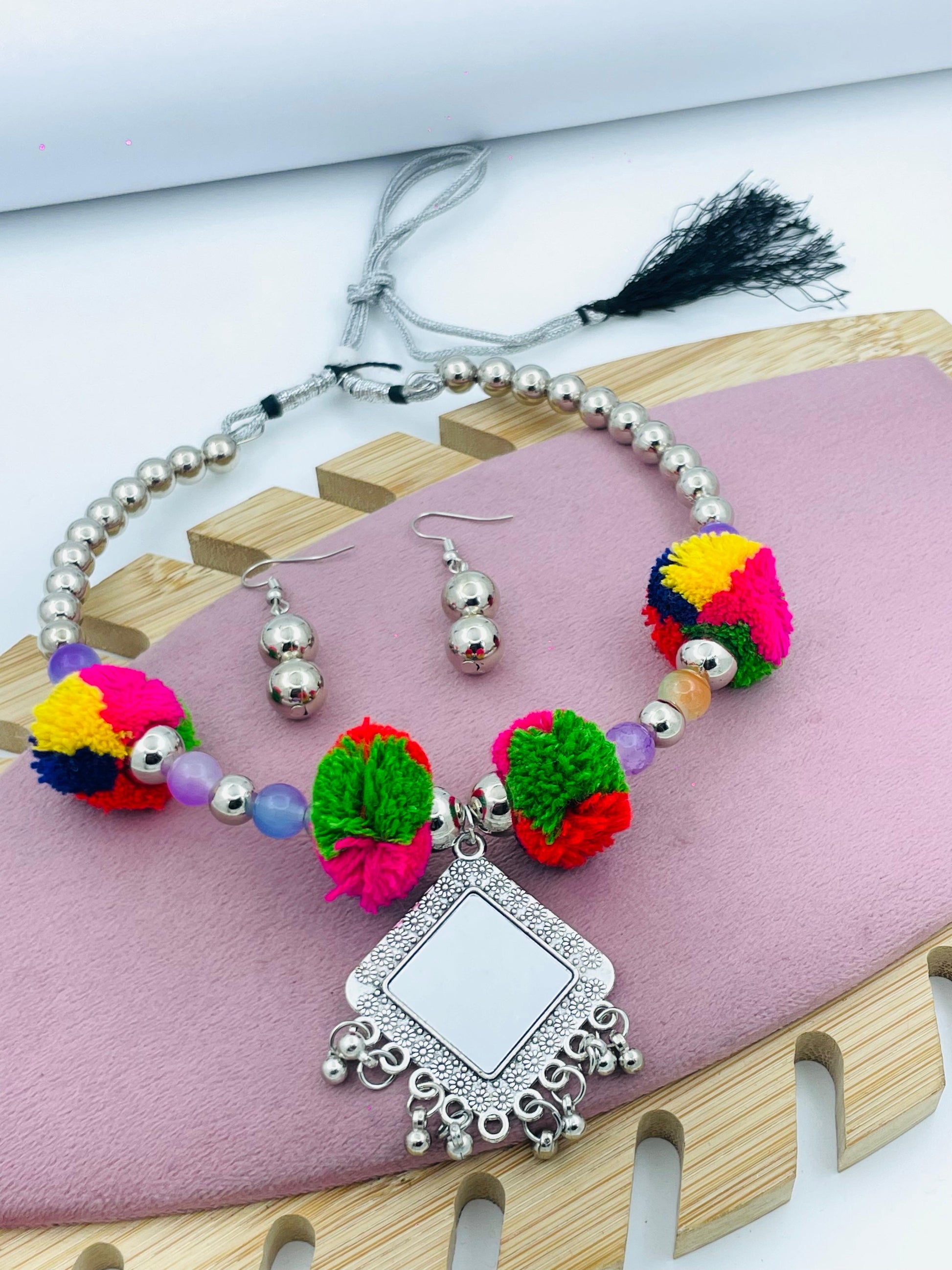 Vibrant Pom Pom Necklace with Earrings Set