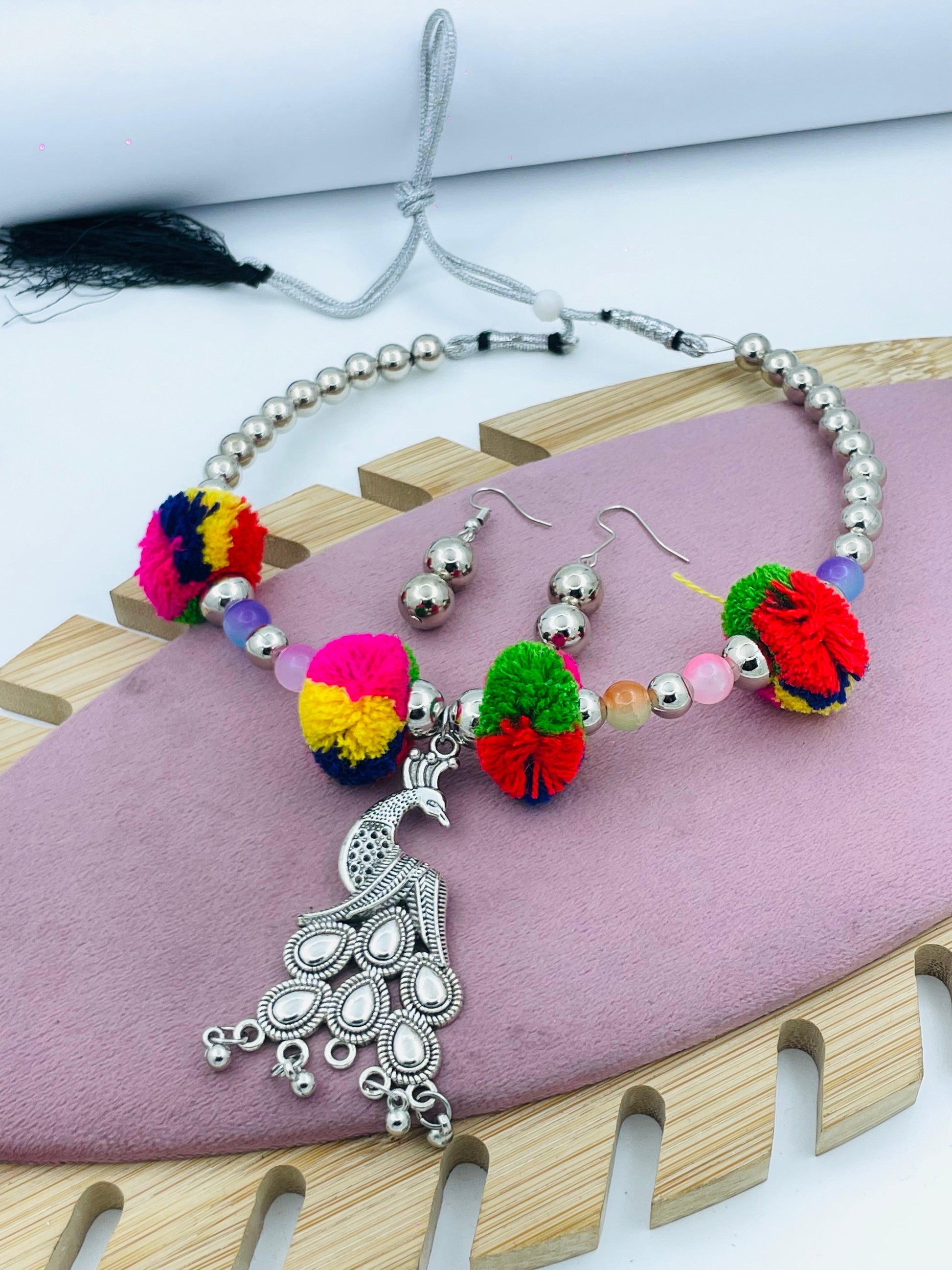 Vibrant Pom Pom Peacock Necklace Set