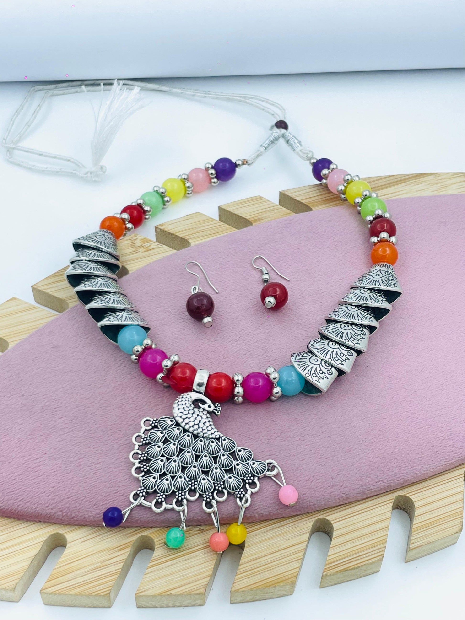 Vibrant Multicolor Beaded Necklace Set with Earrings