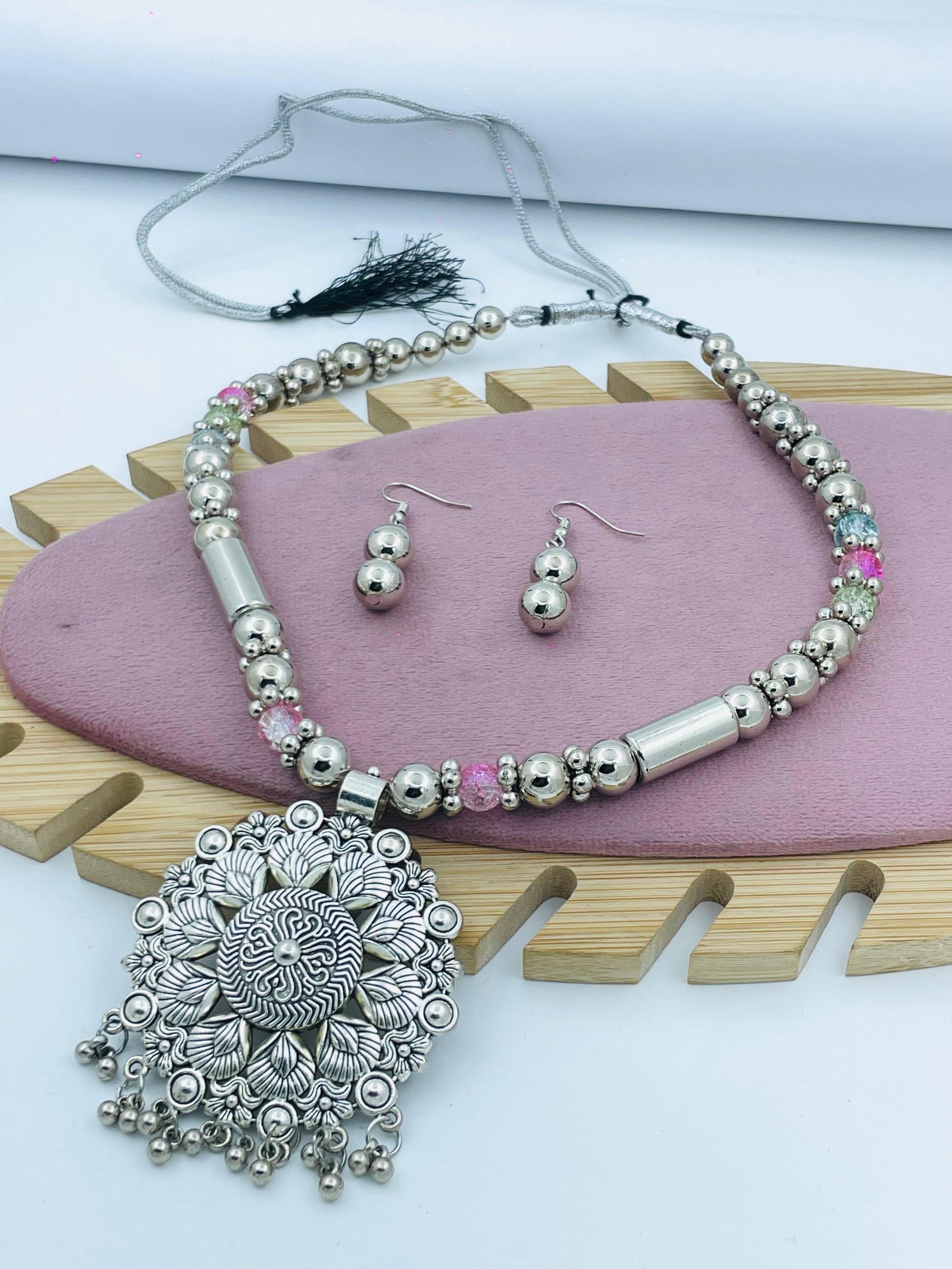 Elegant Silver Beaded Necklace and Earring Set