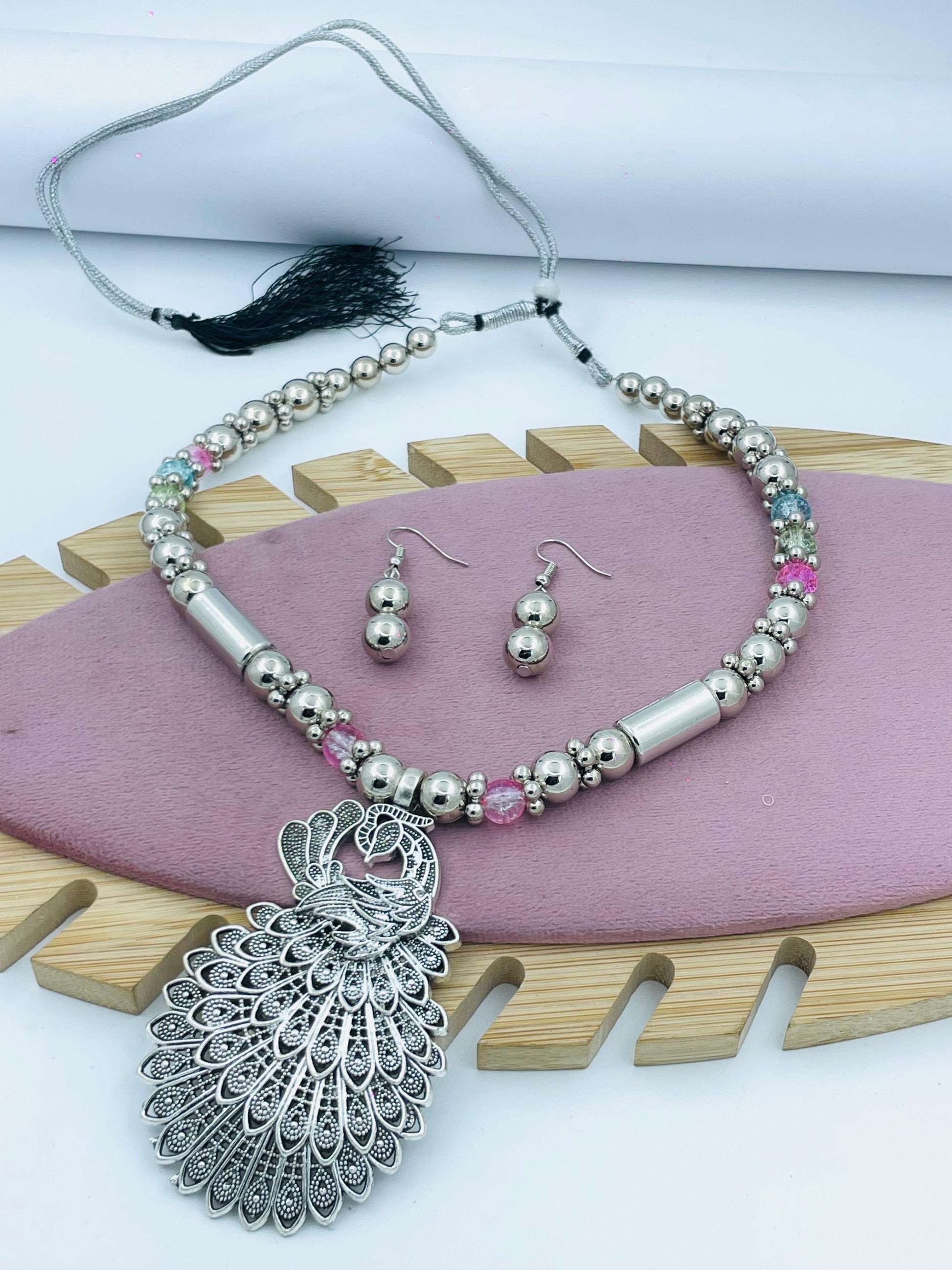Elegant Peacock Silver Necklace Set with Earrings