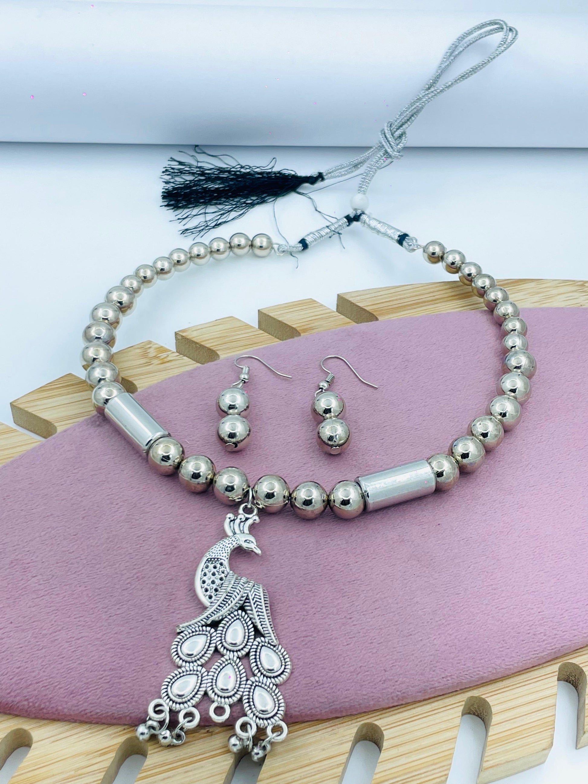 Elegant Silver Beaded Peacock Necklace Set with Earrings