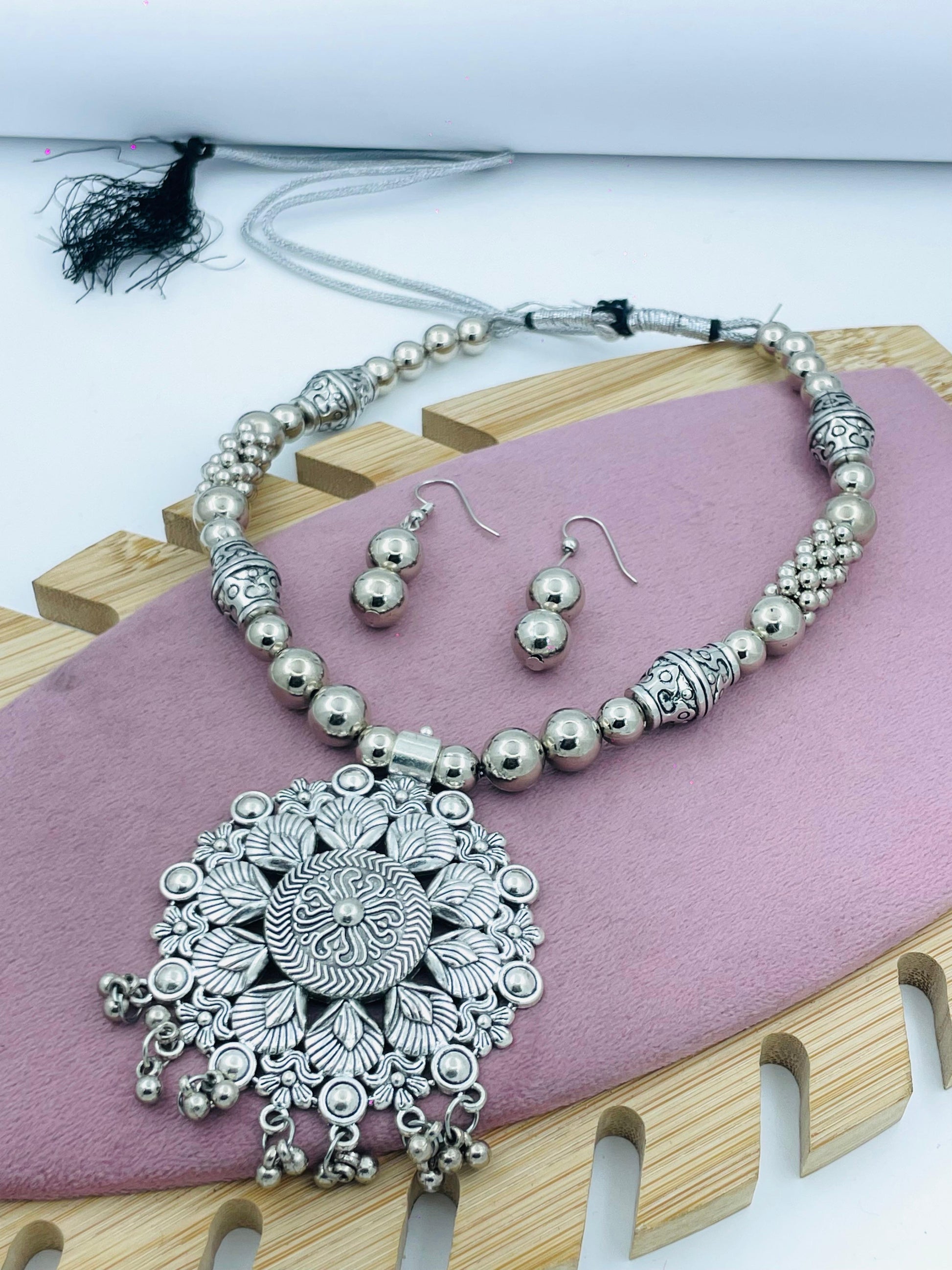 Elegant Silver Oxidized Necklace with Earrings