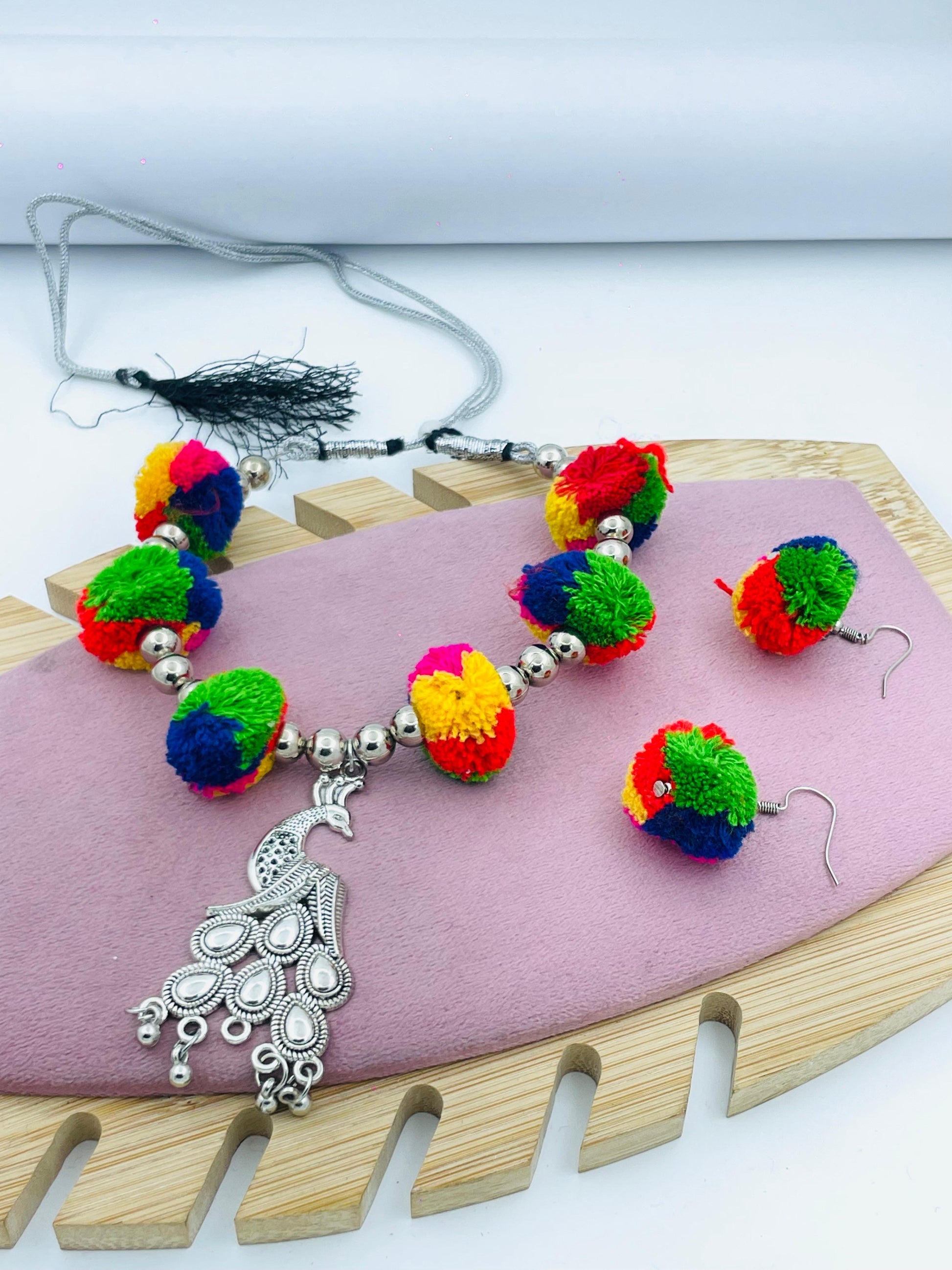 Colorful Pom Pom Necklace with Silver Beads and Earrings