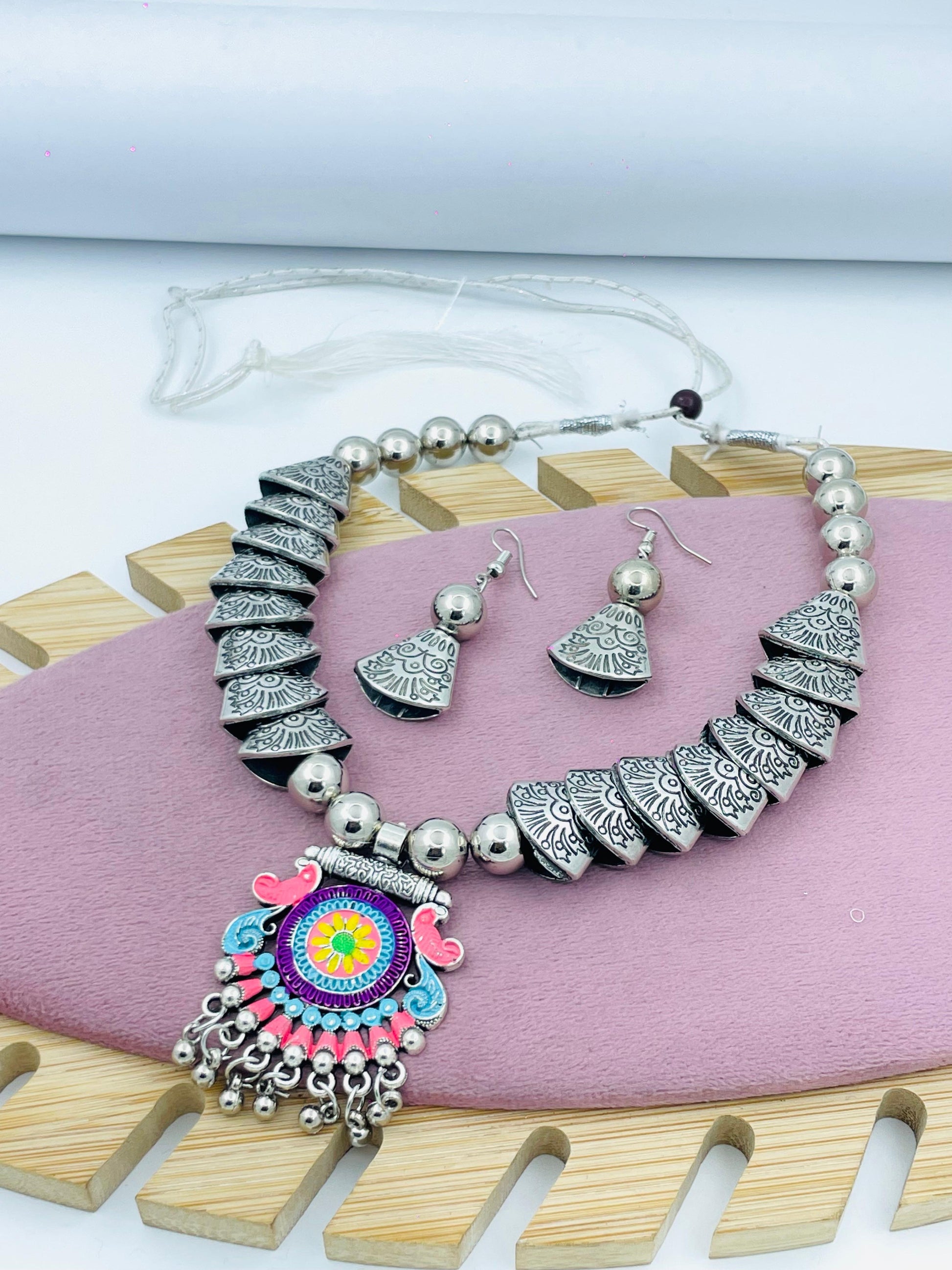 Bohemian Tribal Silver Necklace Set with Earrings