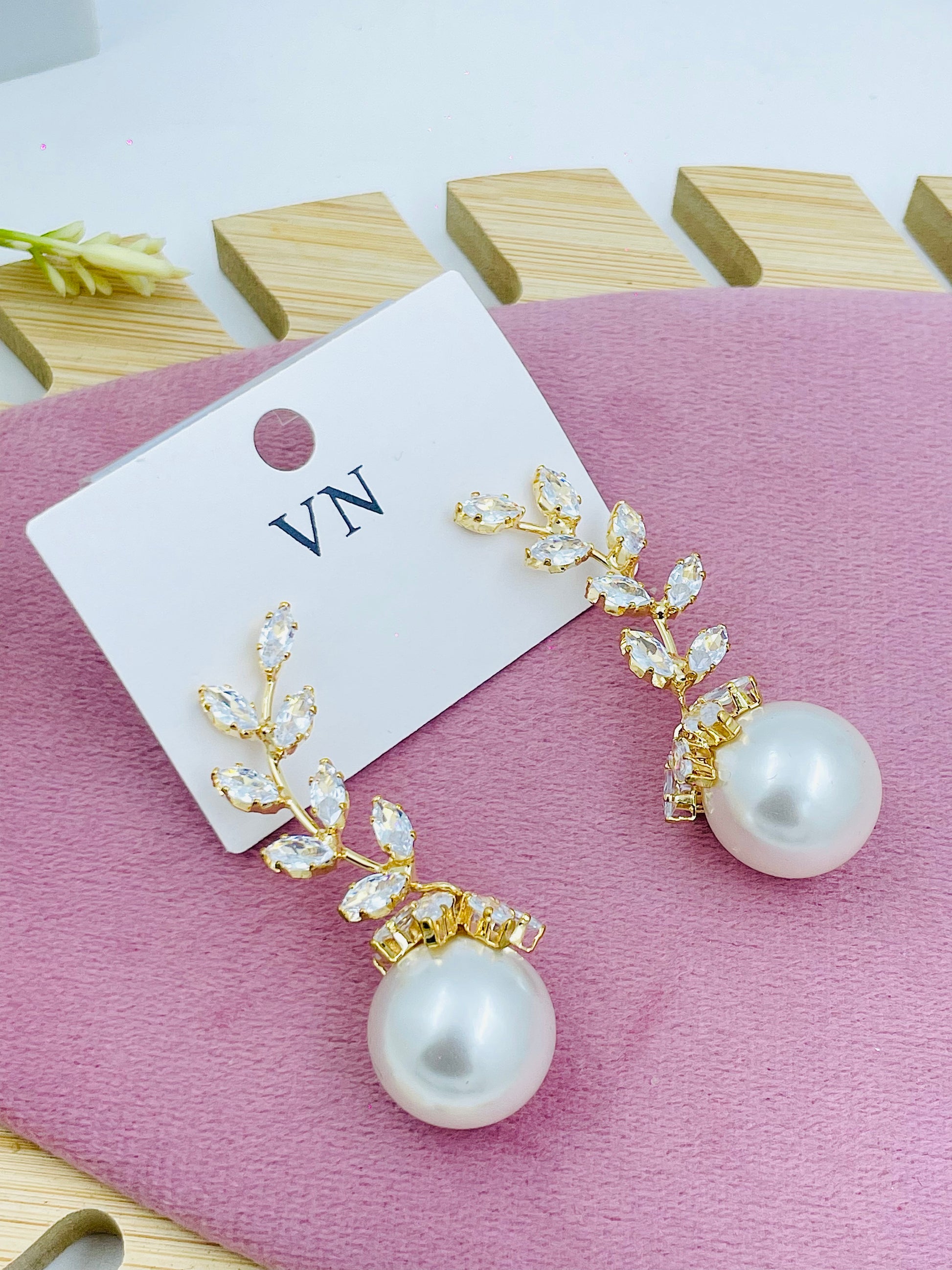 Elegant Pearl and Crystal Vine Earrings  VN