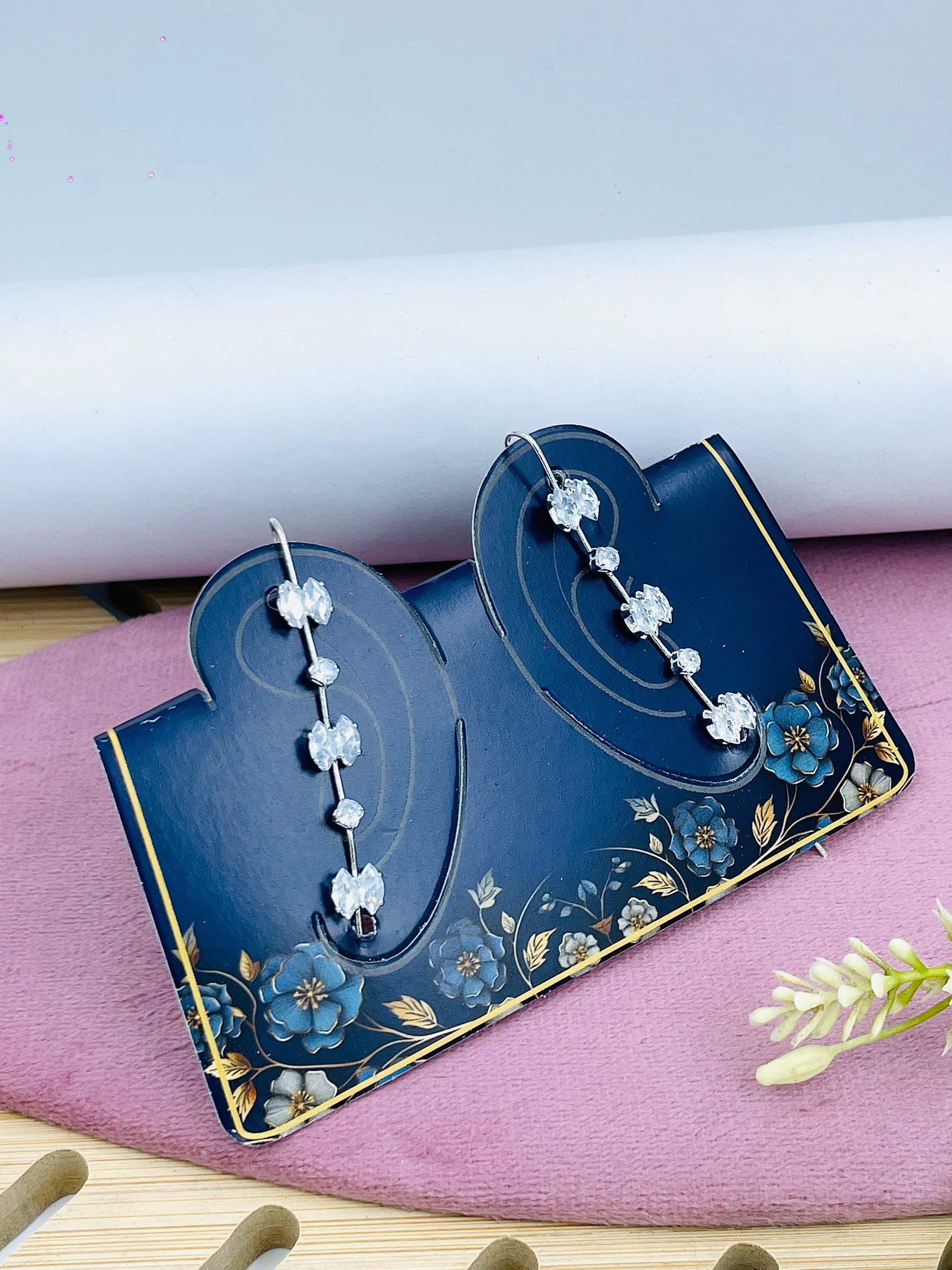 Elegant Silver Long Drop Earrings with Crystal Stones | Memsaab Fashions