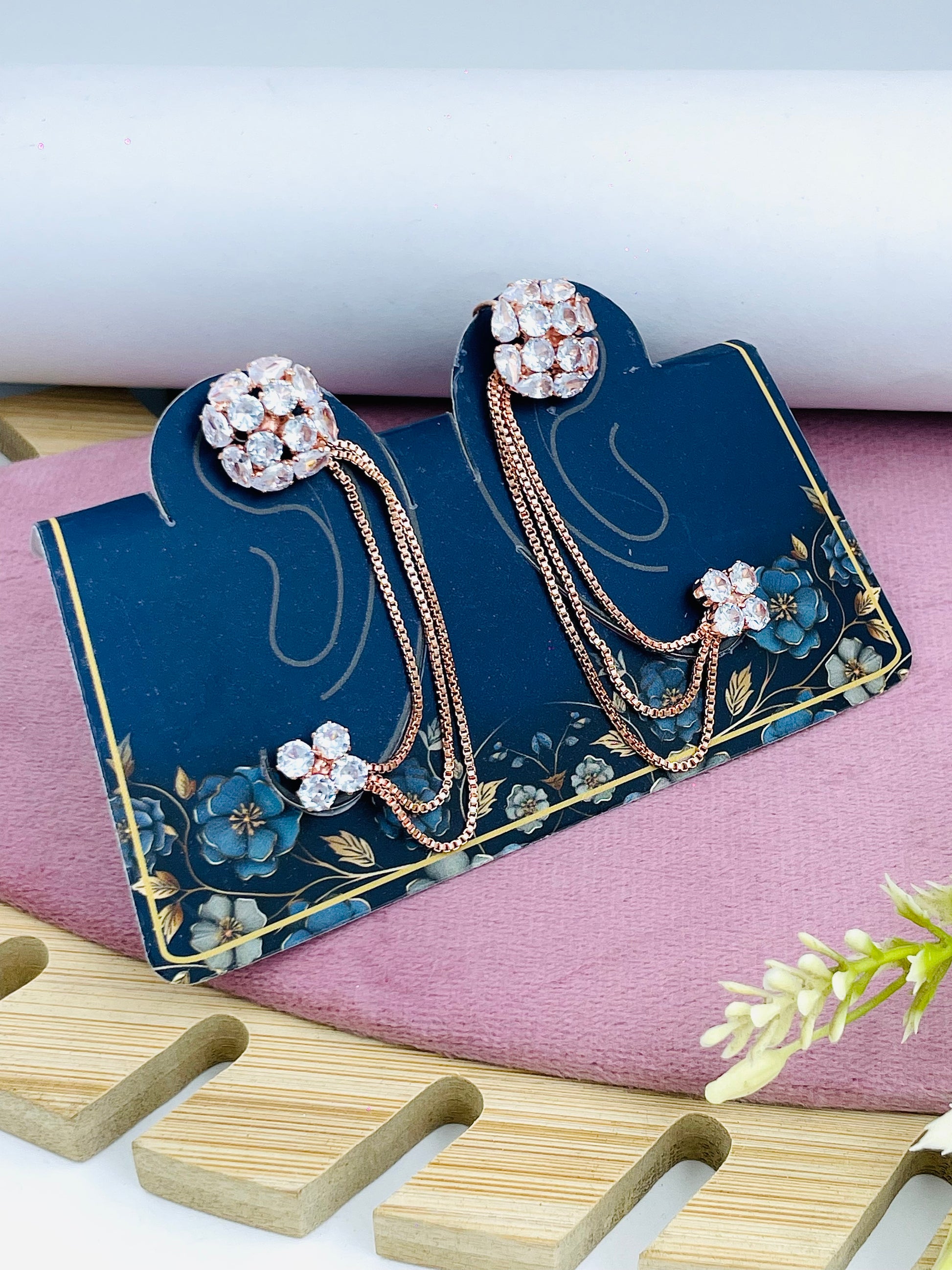Elegant Rose Gold Chain Drop Earrings with Floral Design