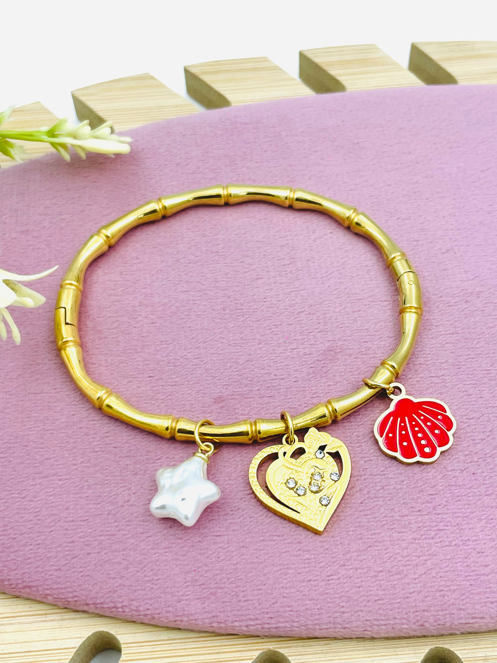 Gold Charm Bangle Bracelet with Star Heart and Shell