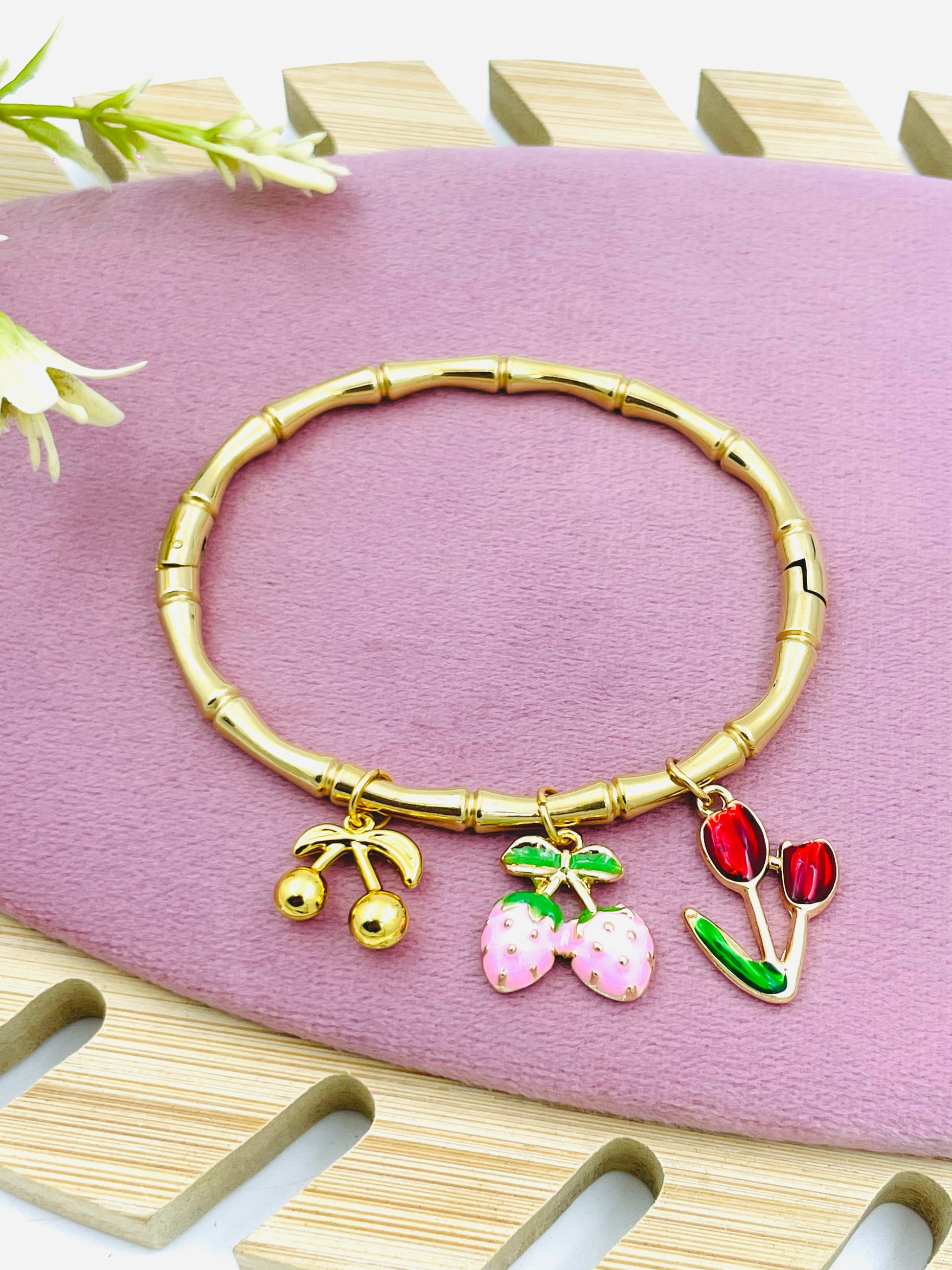 Stylish Cherry and Tulip Charm Bracelet  Perfect for Any Occasion