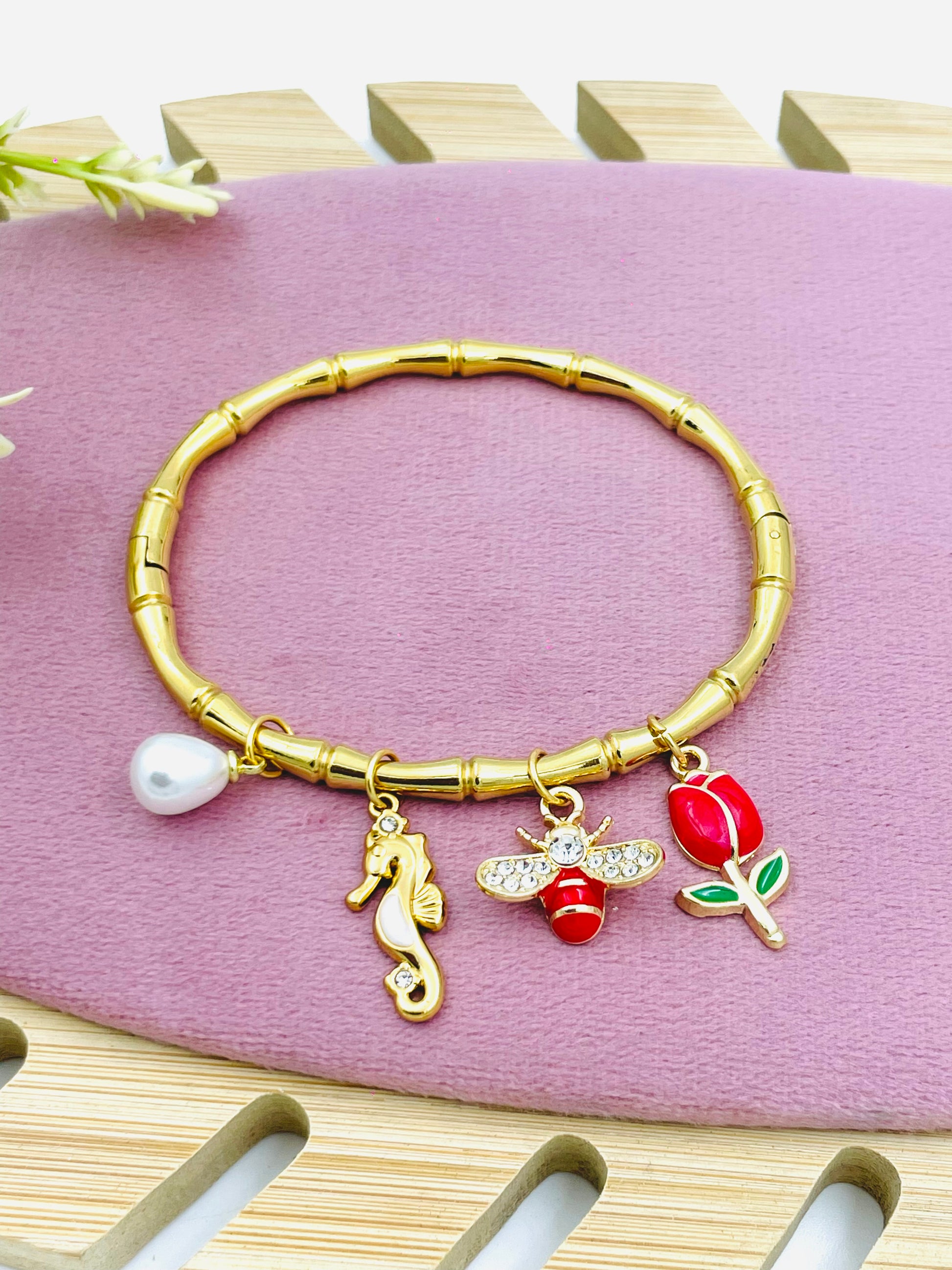 Golden Charm Bracelet  Seahorse Bee Rose  Pearl
