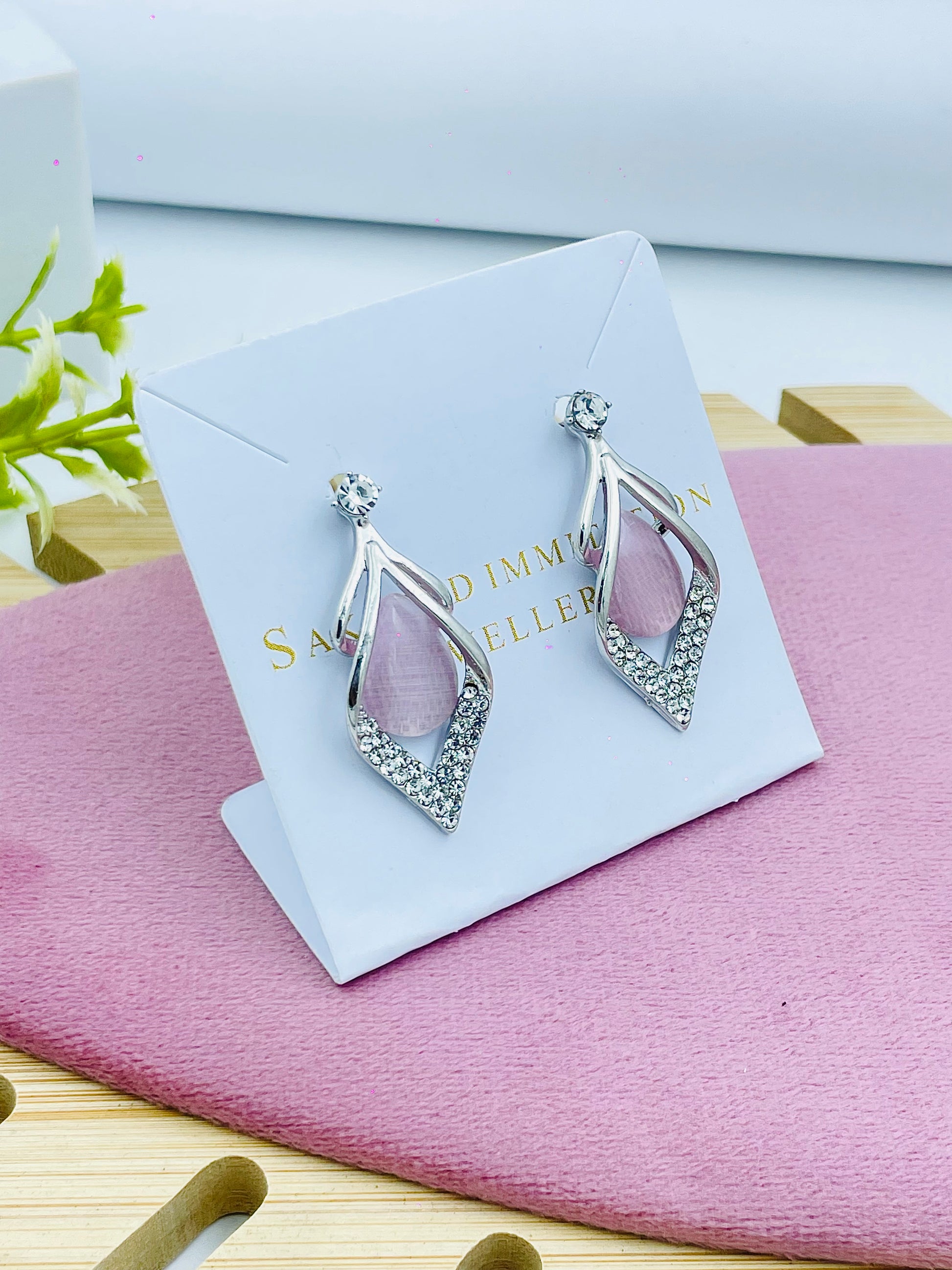 Elegant Silver and Pink Gemstone Earrings with Rhinestones
