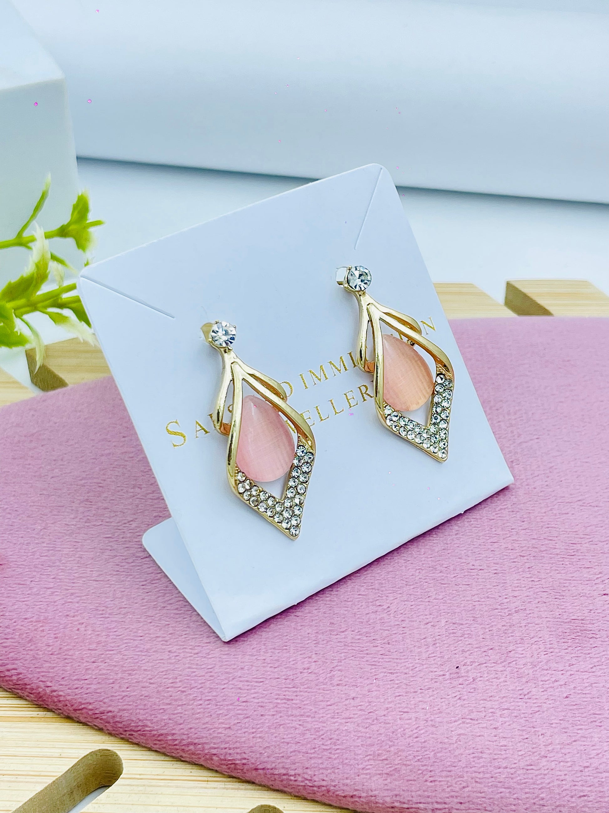 Elegant Gold and Pink Teardrop Earrings with Crystals
