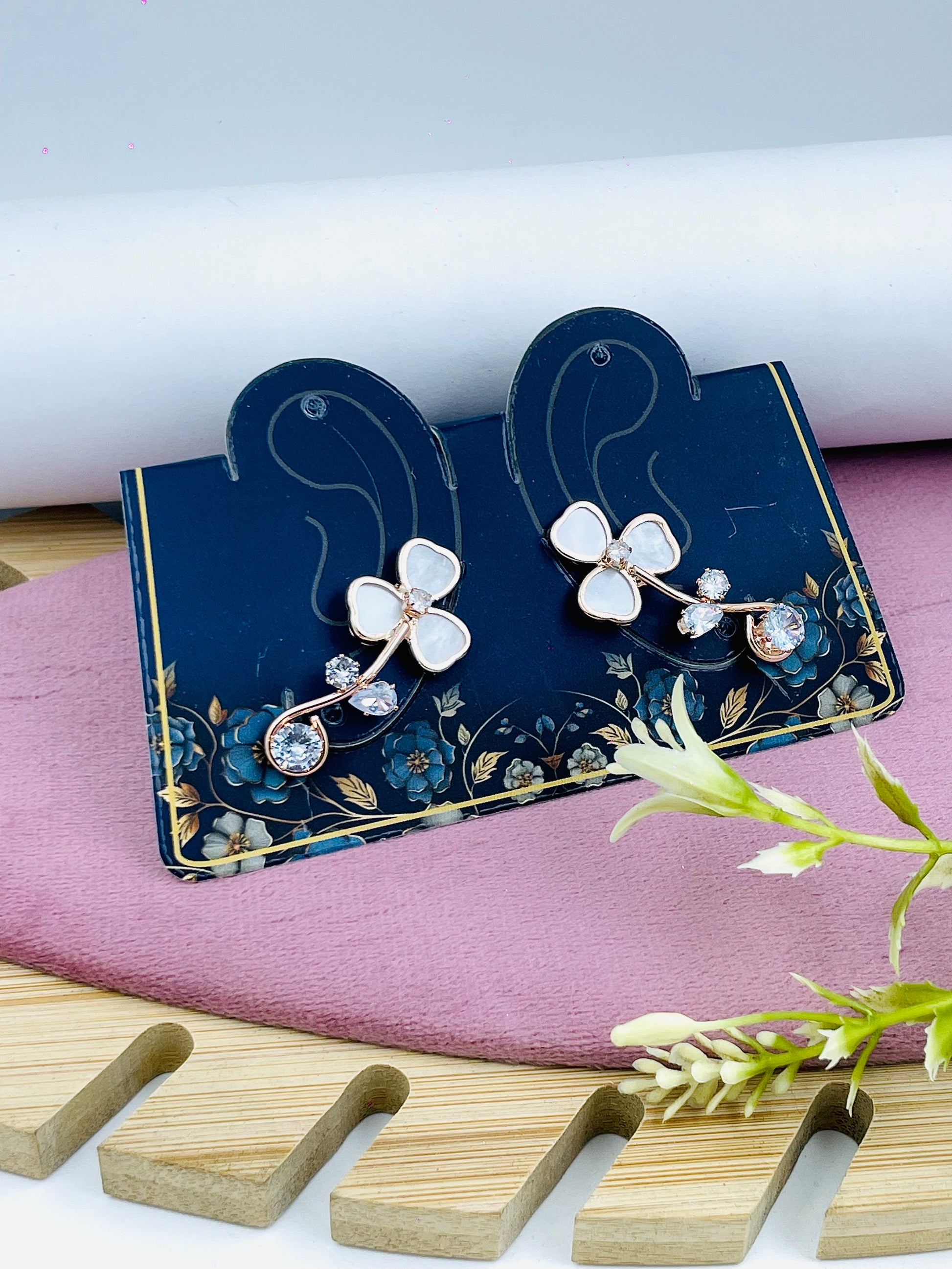 Stylish Floral Design Earrings with Gem Accents