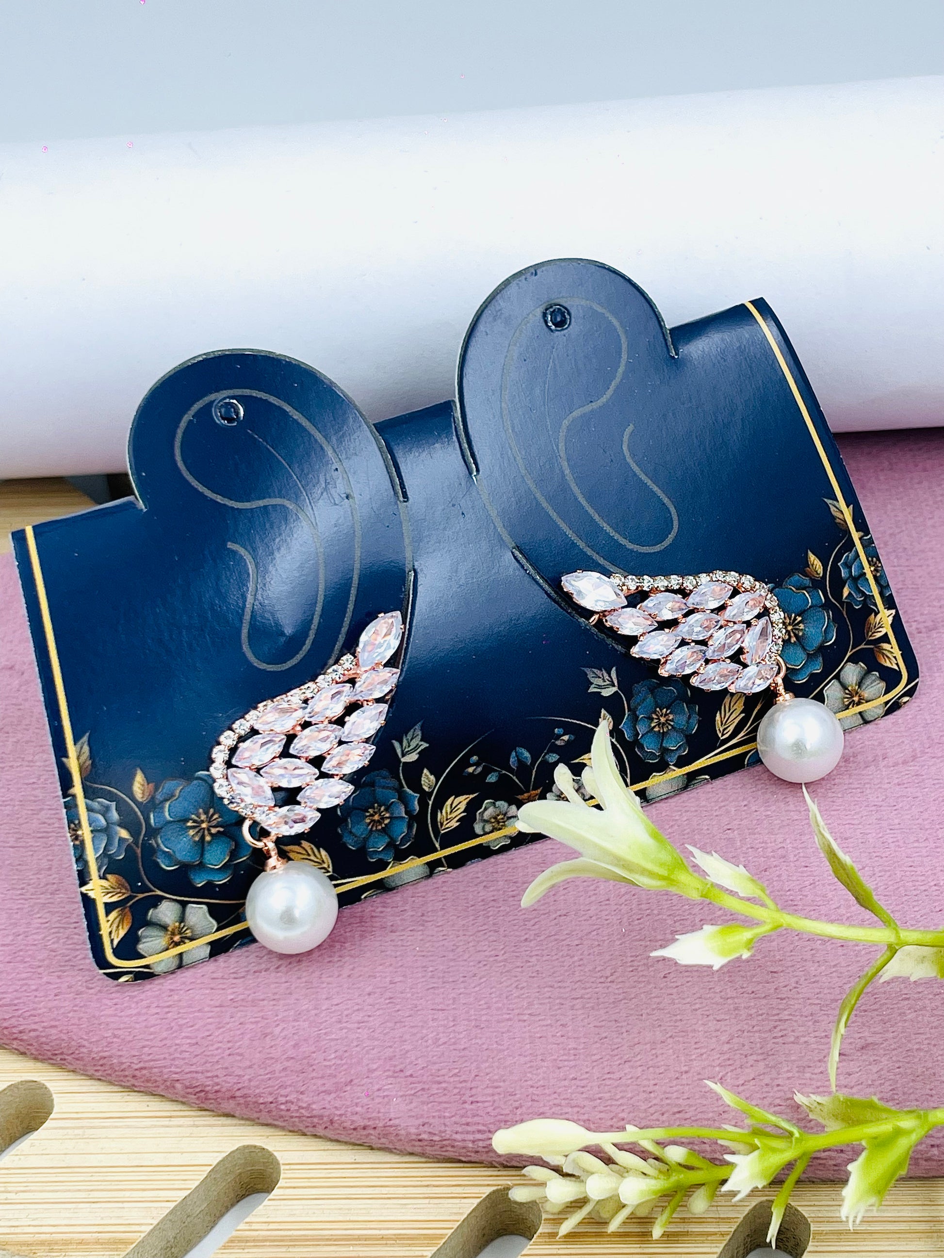 Elegant Crystal Leaf Earrings with Pearl Drops