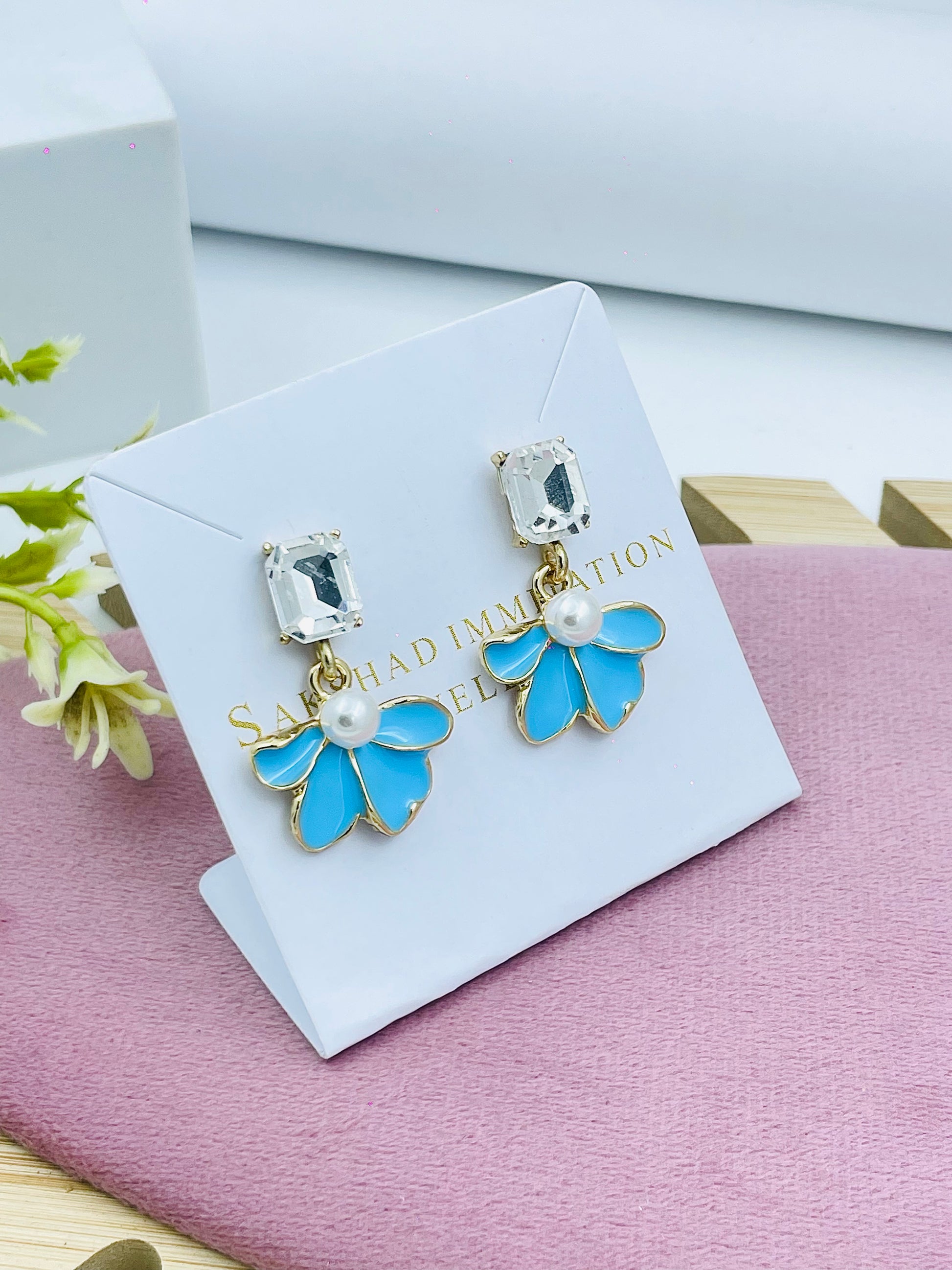 Elegant Blue Floral Drop Earrings with Pearl Accents