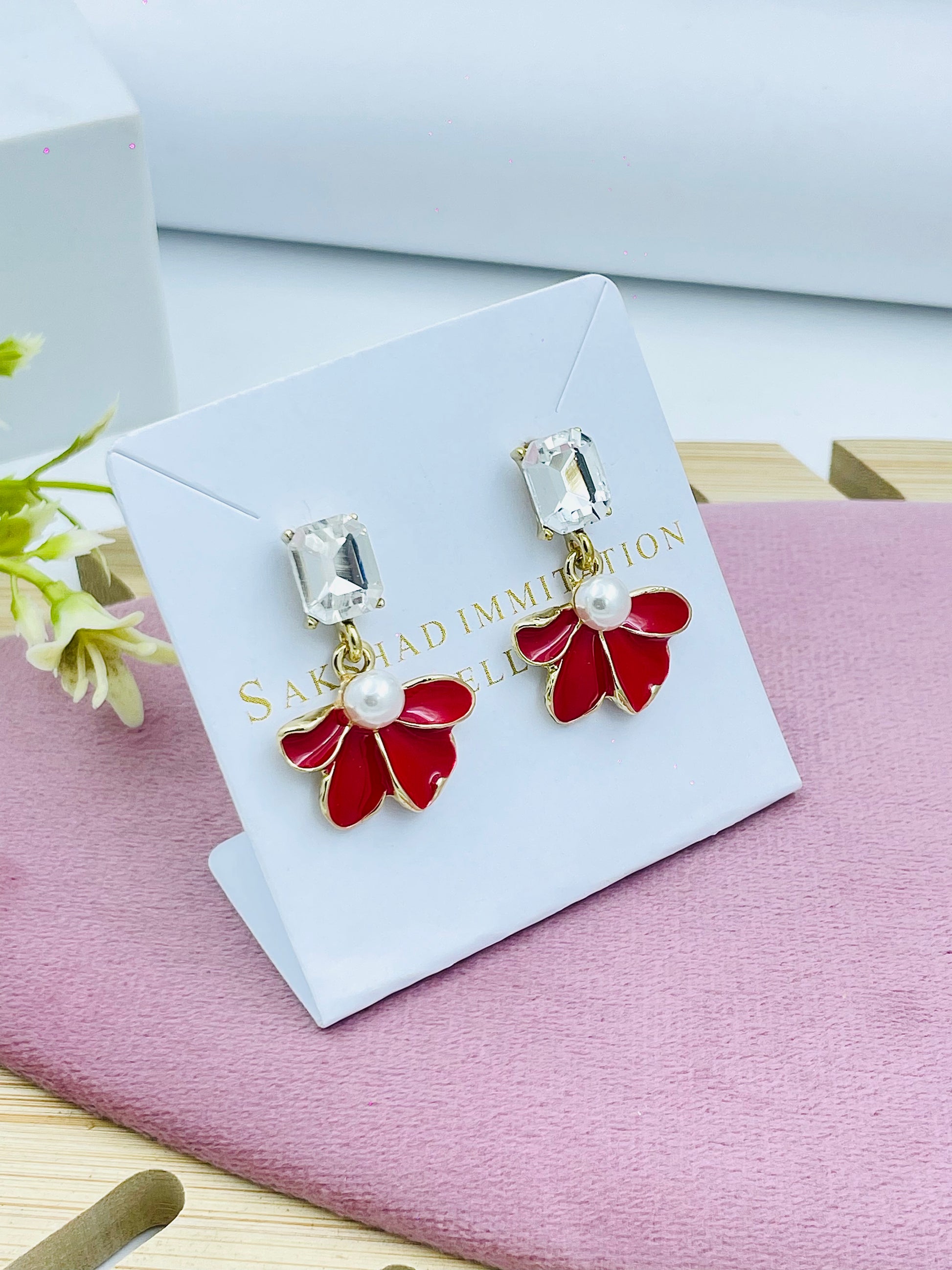 Red Floral Pearl Drop Earrings  Elegant Jewelry