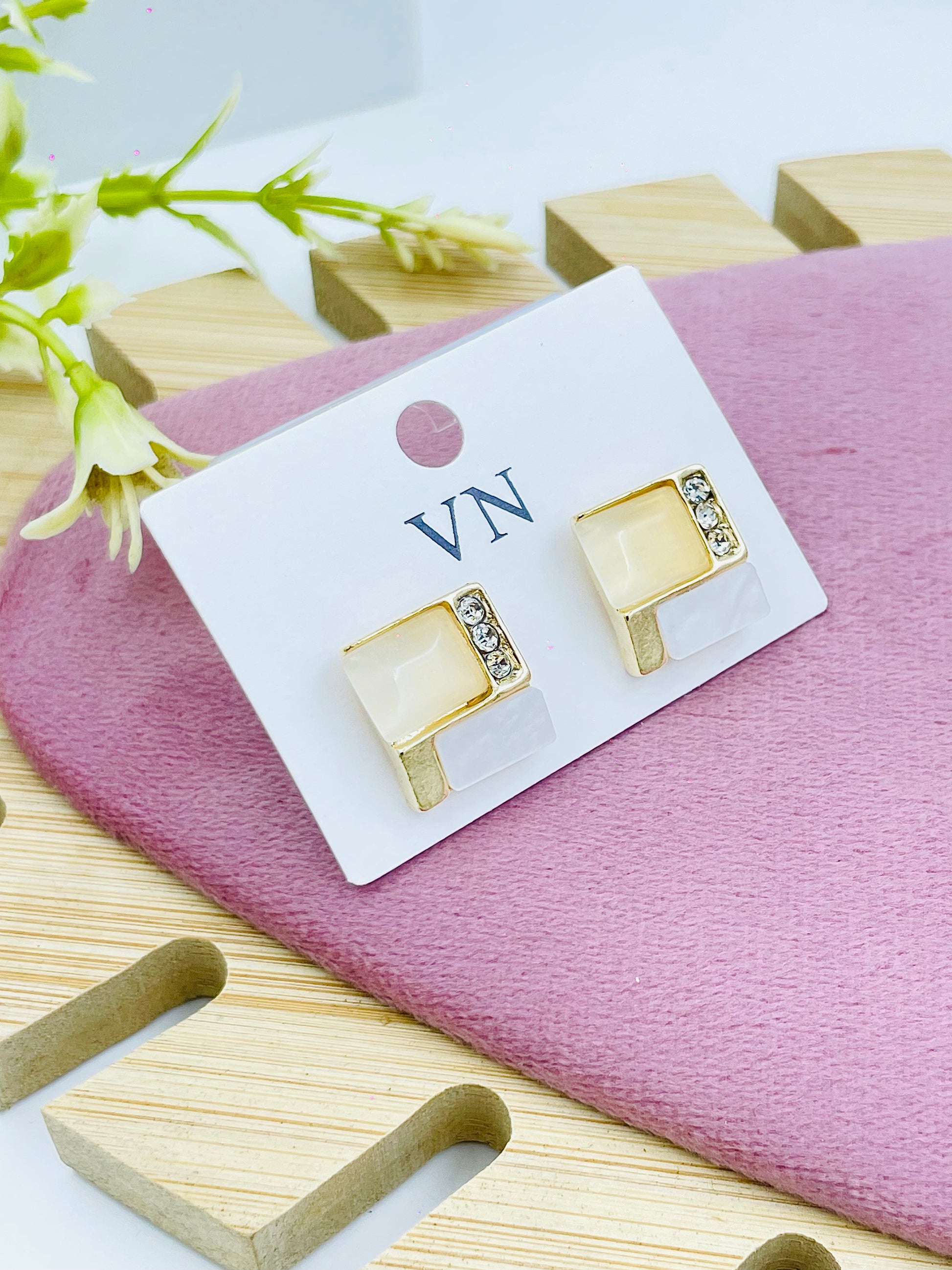 Elegant GoldTone Square Stud Earrings with Rhinestones