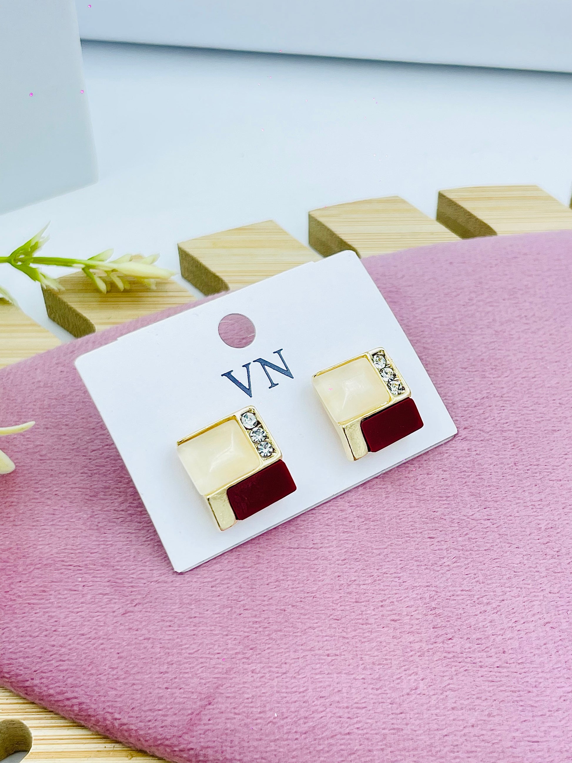 Stylish Geometric Gold and Red Enamel Earrings