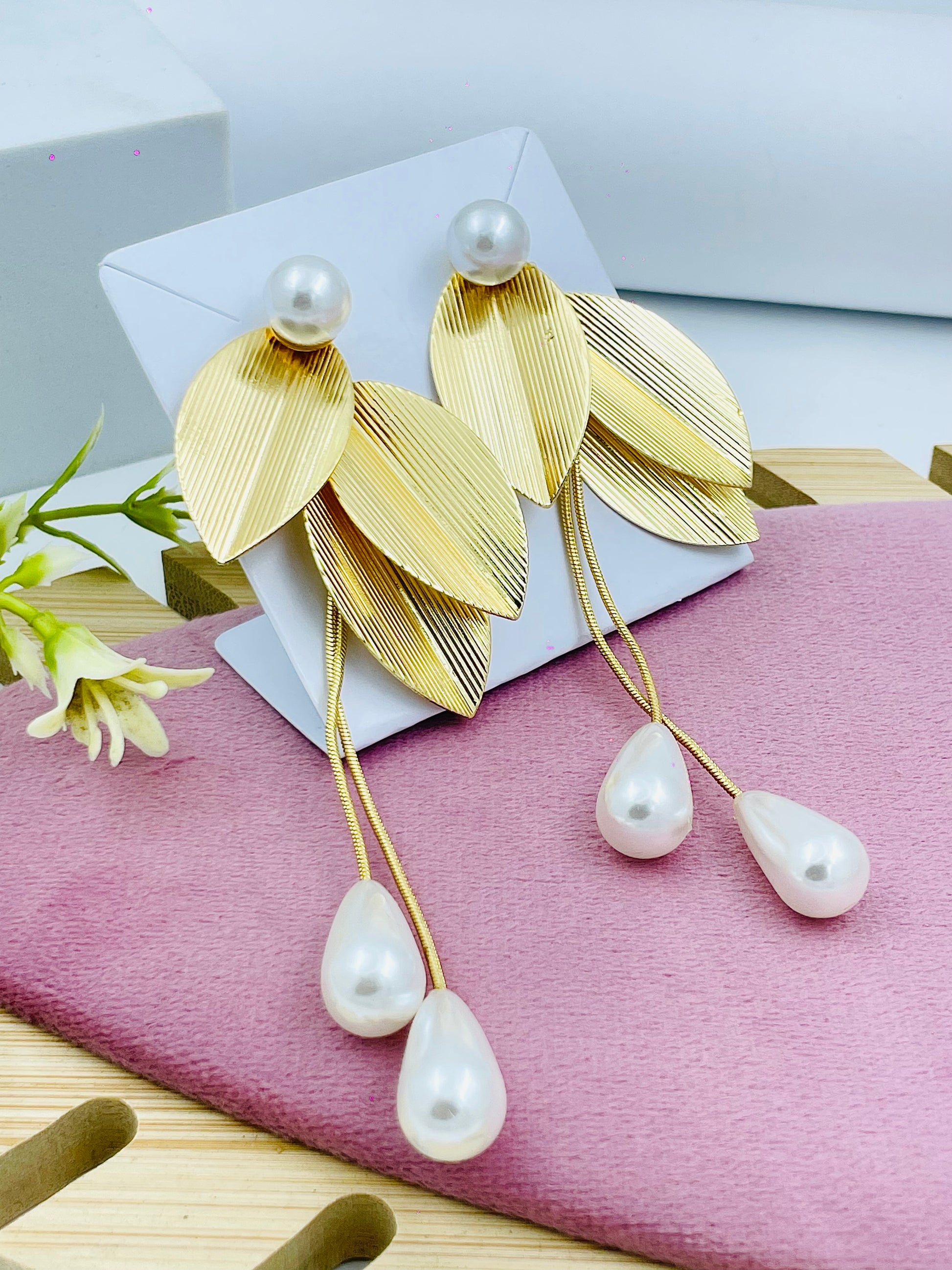 Elegant Gold Leaf Pearl Drop Earrings  Chic  Stylish
