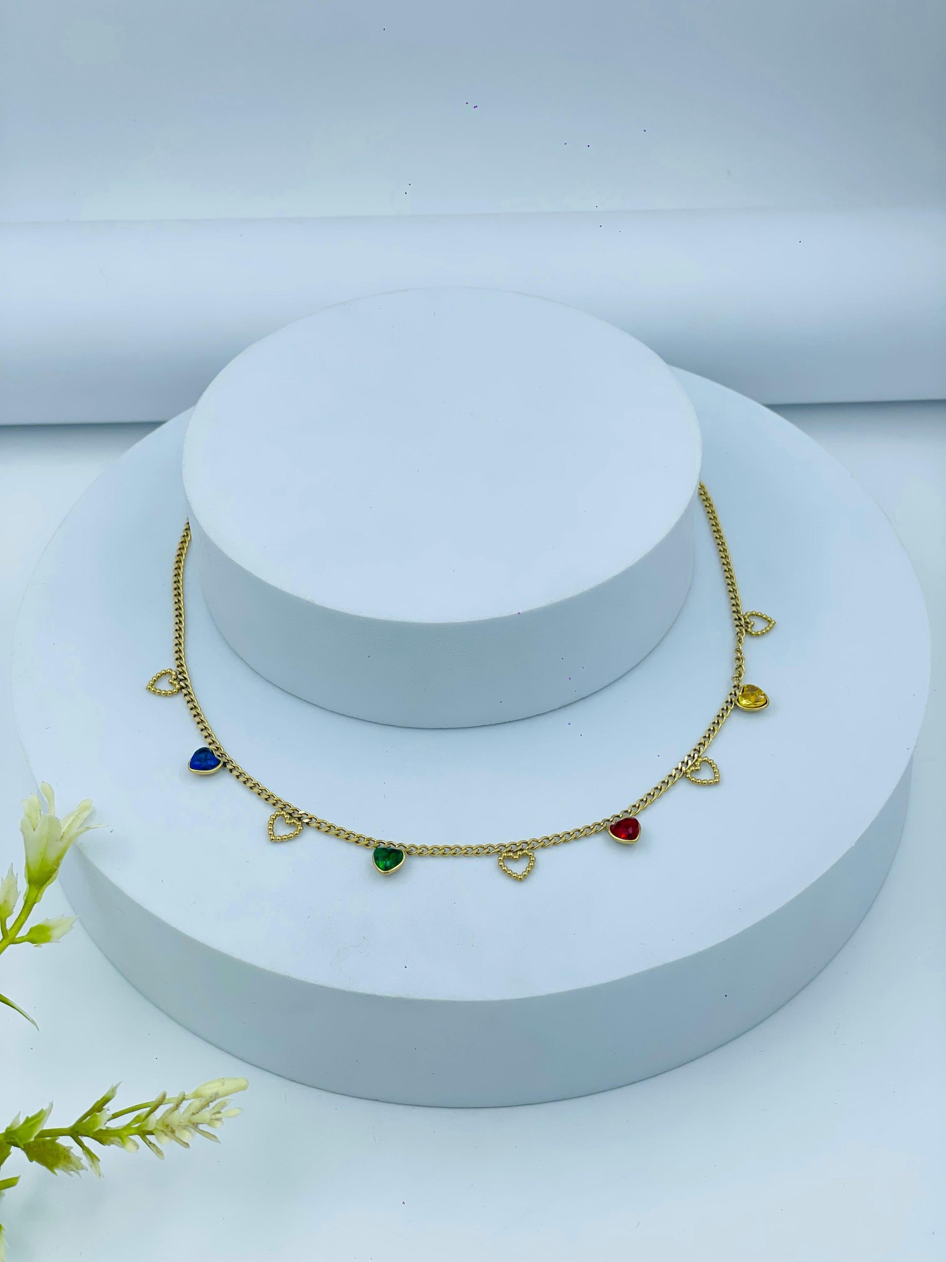 Gold-Plated Heart Charm Necklace with Colorful Gem Accents