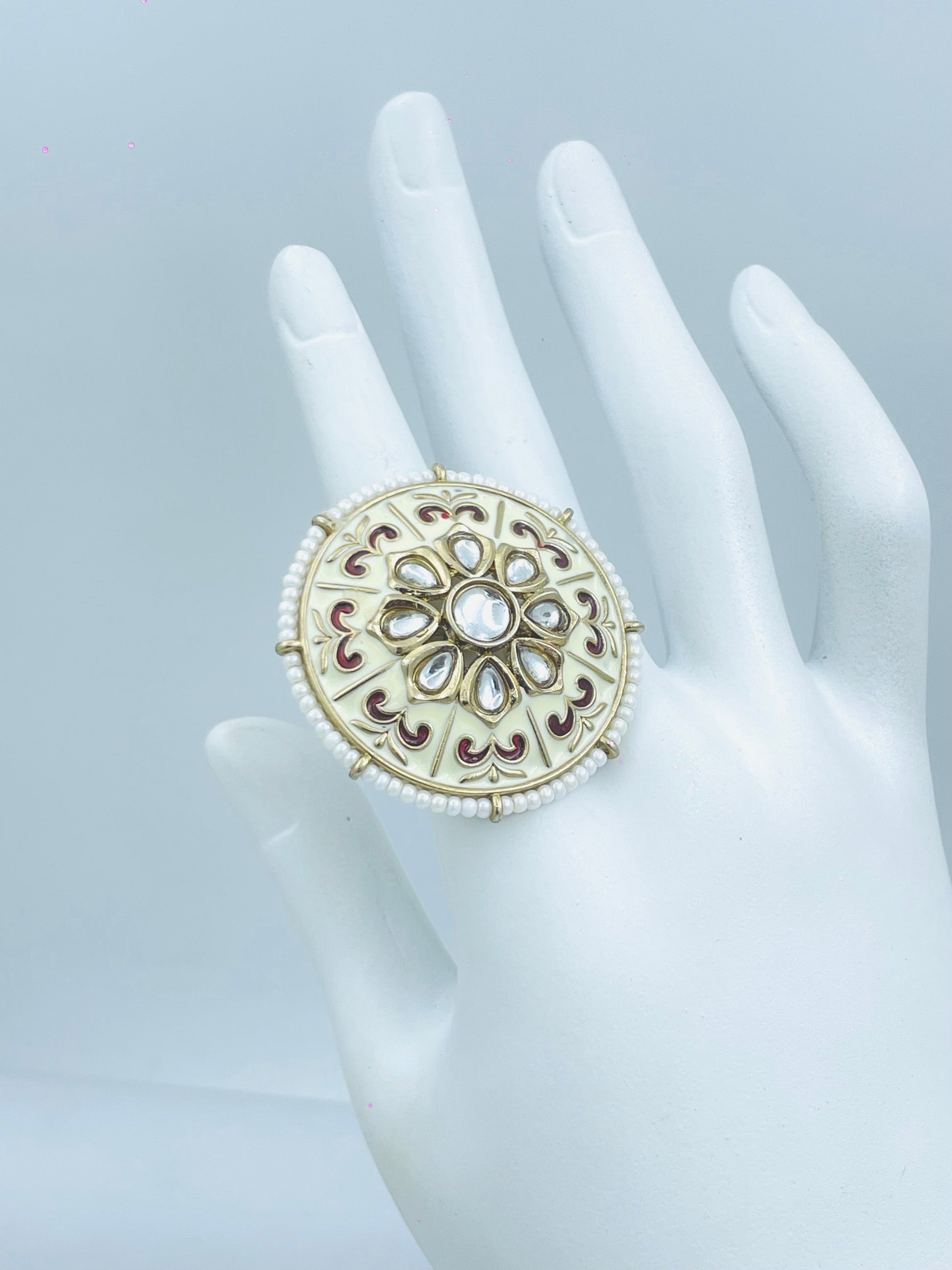 Elegant Ethnic Pearl and Kundan Adjustable Ring