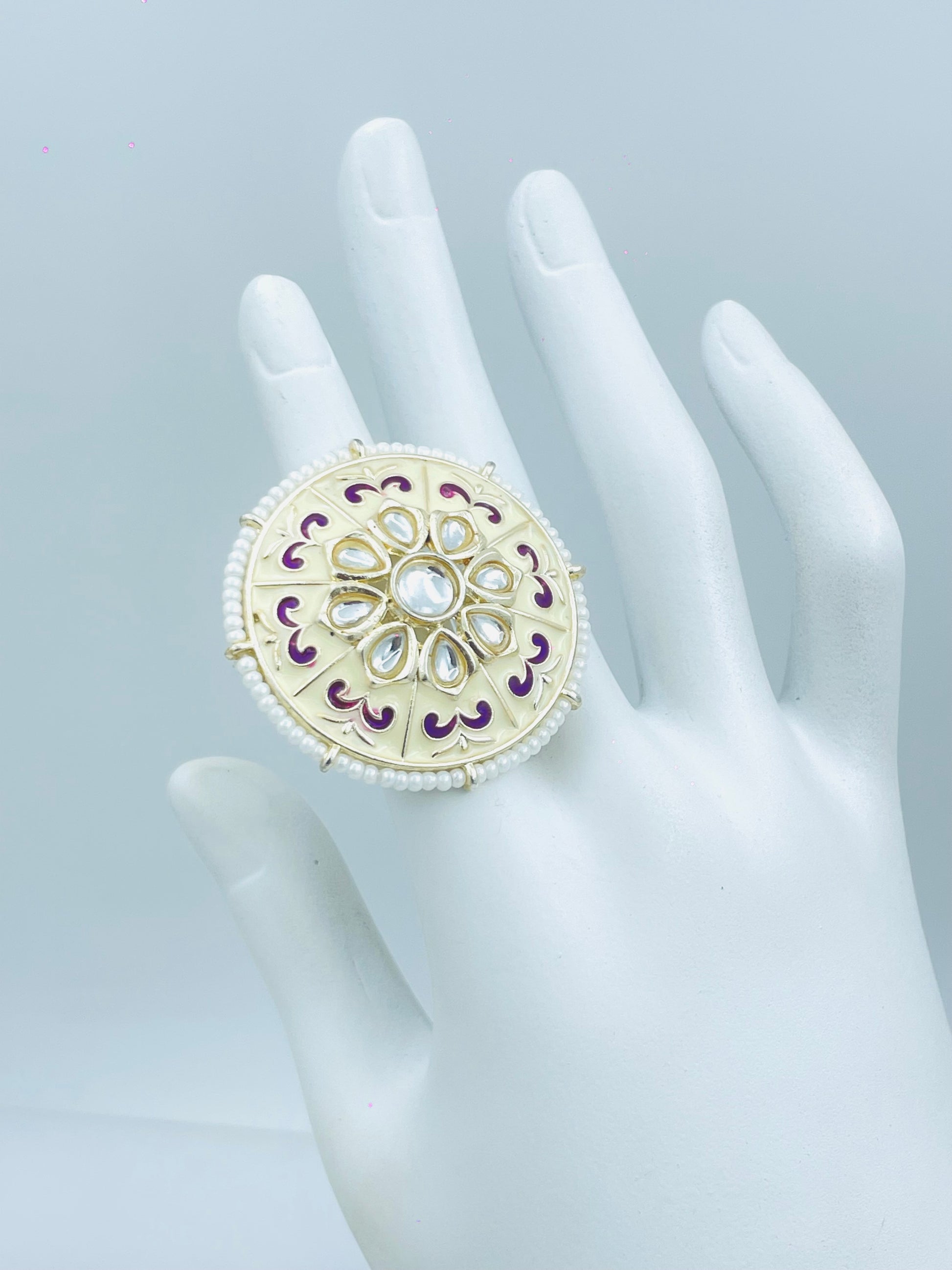 Elegant Gold and Maroon Stone Kundan Ring